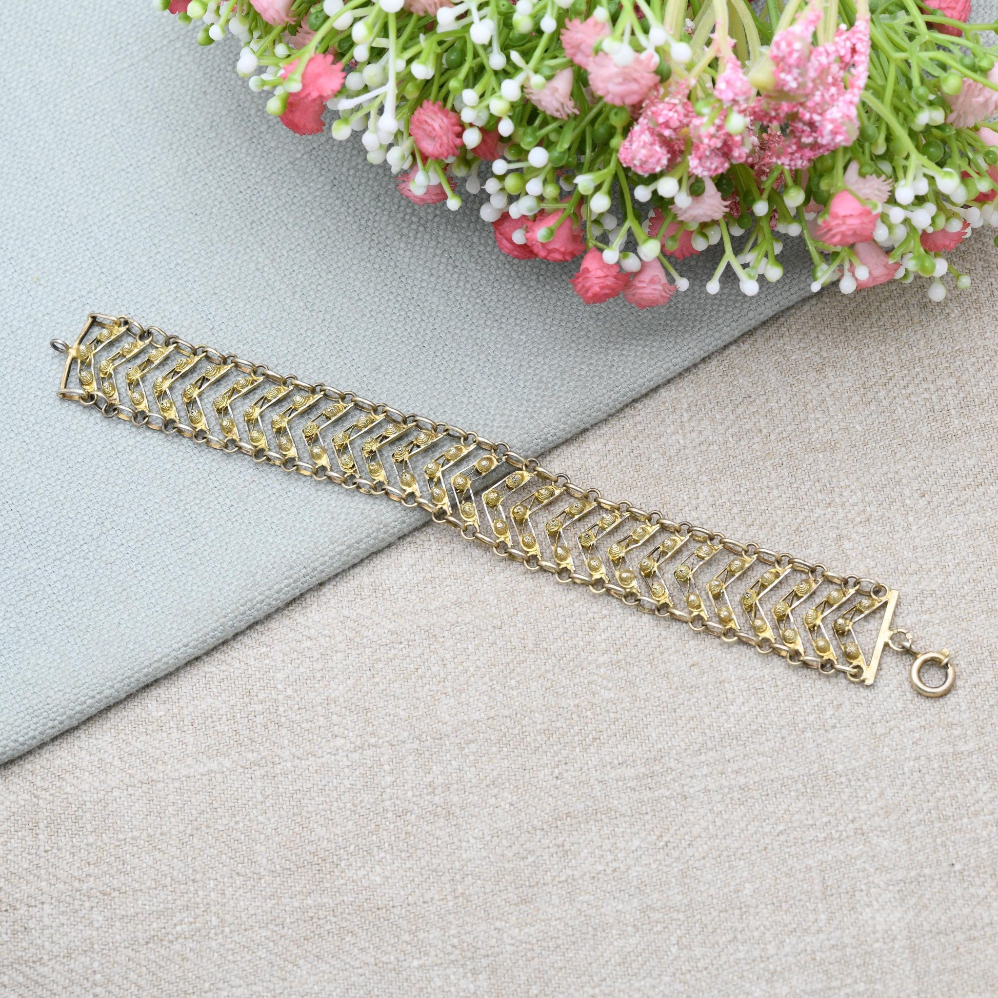Vintage Portuguese Silver Gilt Filigree Chevron Bracelet Gold Plated | 7.5"