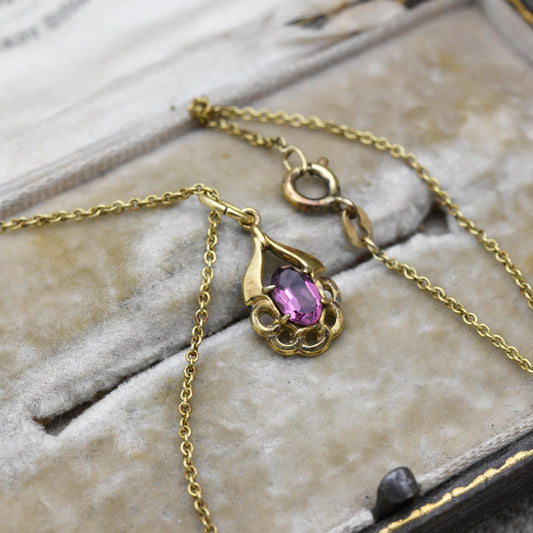 Vintage Kordes and Lichtenfels 14ct Rolled Gold Purple Paste Pendant Necklace K&L - Mid-Century German Solitaire Pendant