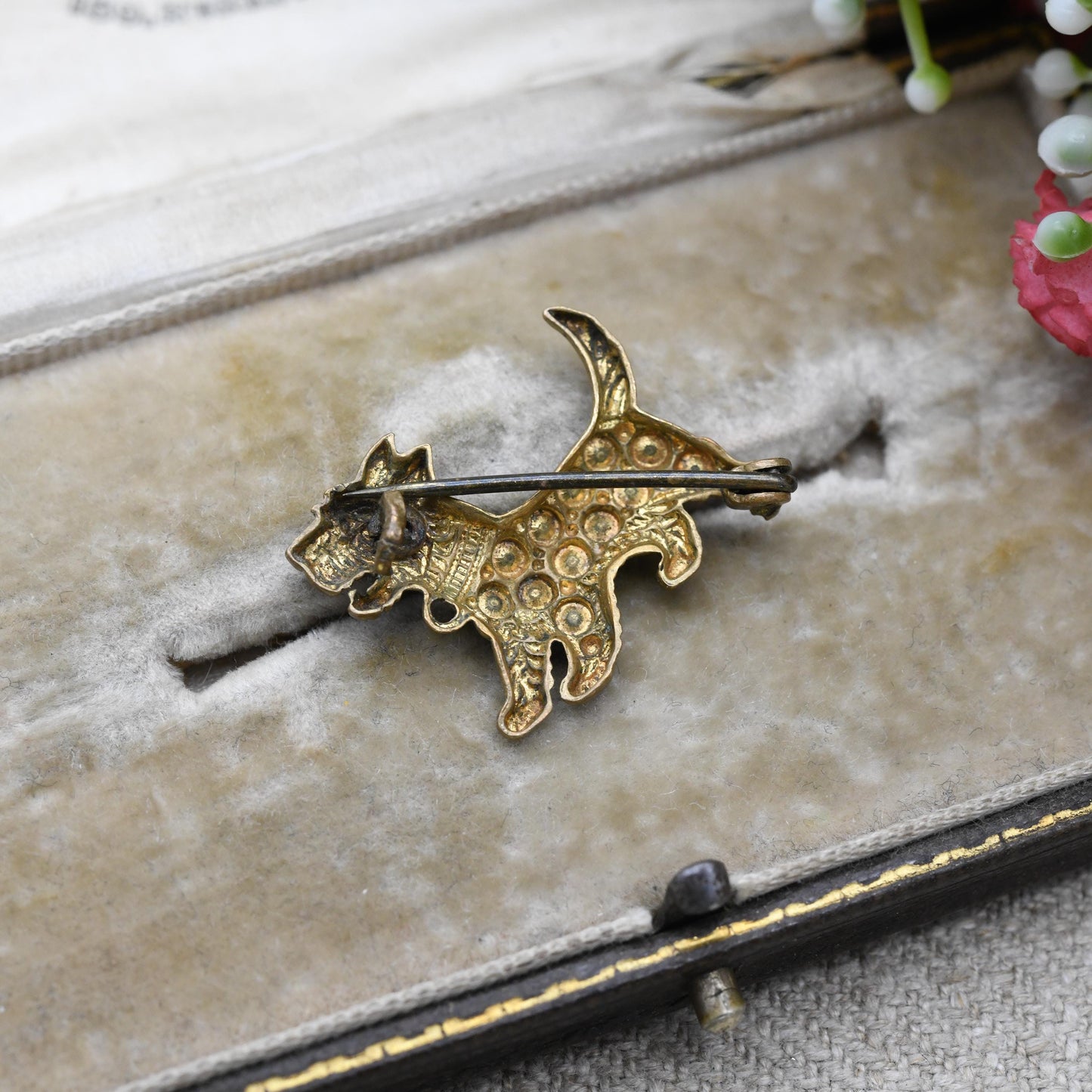Vintage Scottie Dog Dog Brooch Enamel Brass Staybrite c. 1930s 1940s
