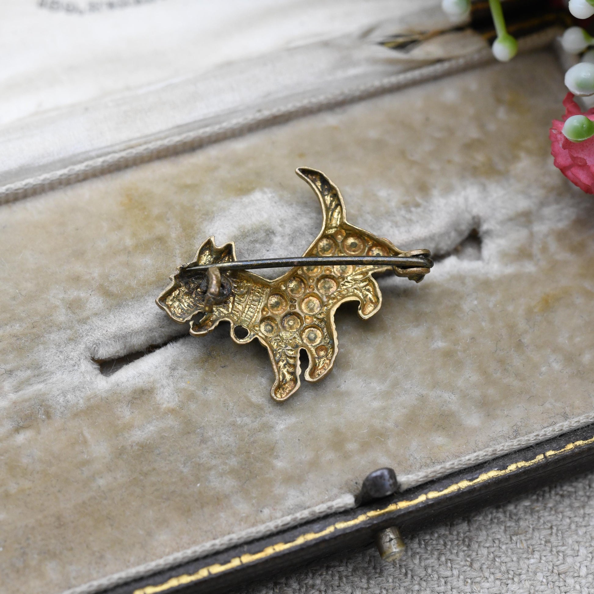 Vintage Scottie Dog Dog Brooch Enamel Brass Staybrite c. 1930s 1940s