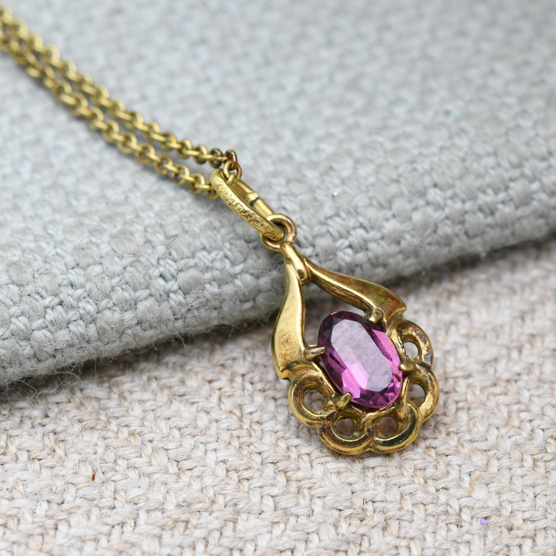 Vintage Kordes and Lichtenfels 14ct Rolled Gold Purple Paste Pendant Necklace K&L - Mid-Century German Solitaire Pendant