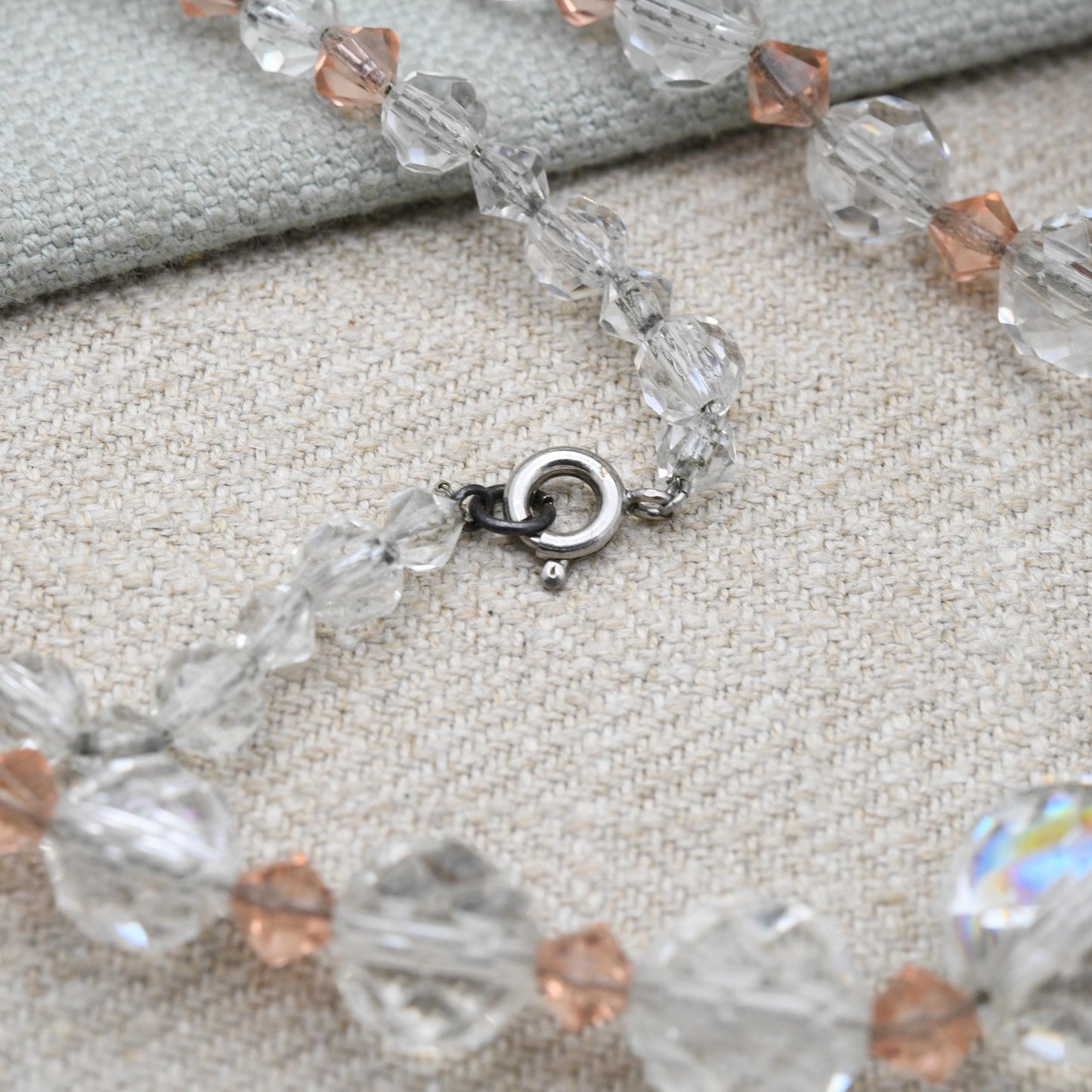 Antique Faceted Glass Necklace with Graduated Clear and Pink Stones 18"