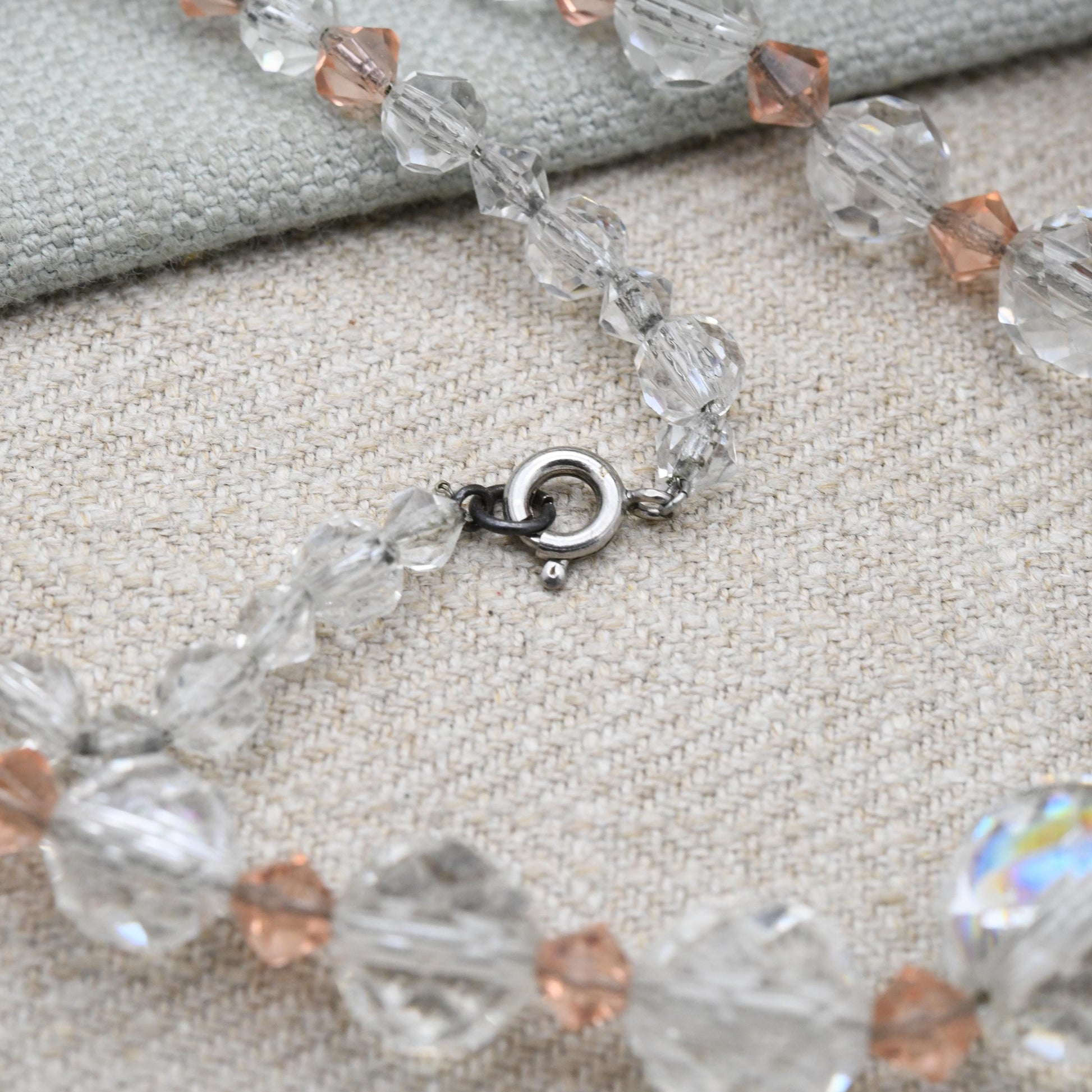 Antique Faceted Glass Necklace with Graduated Clear and Pink Stones 18"