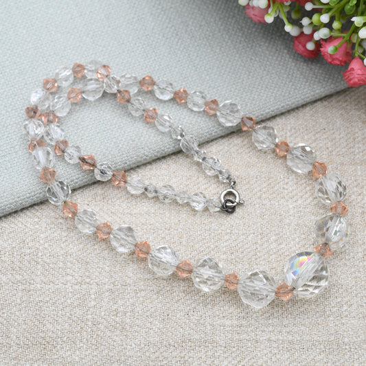 Antique Faceted Glass Necklace with Graduated Clear and Pink Stones 18"