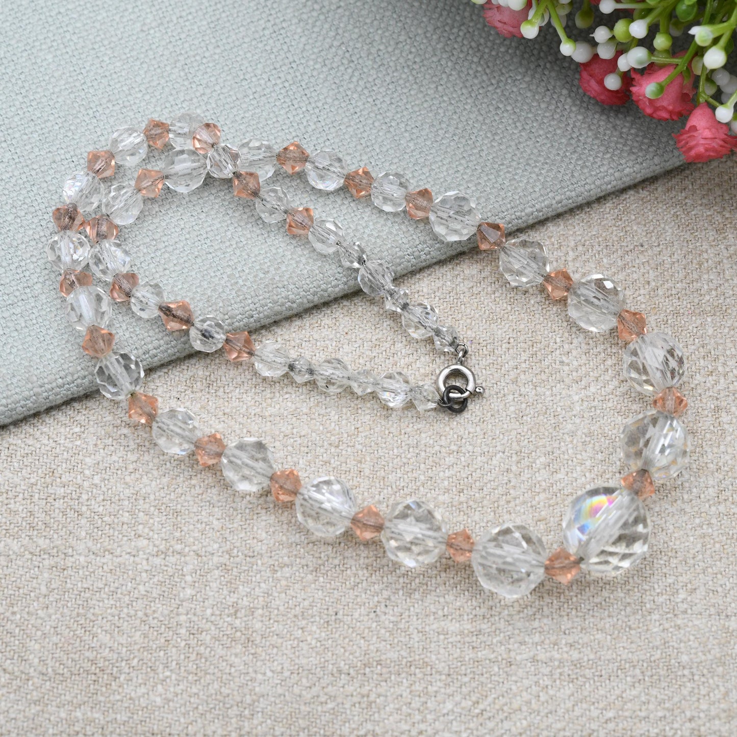 Antique Faceted Glass Necklace with Graduated Clear and Pink Stones 18"