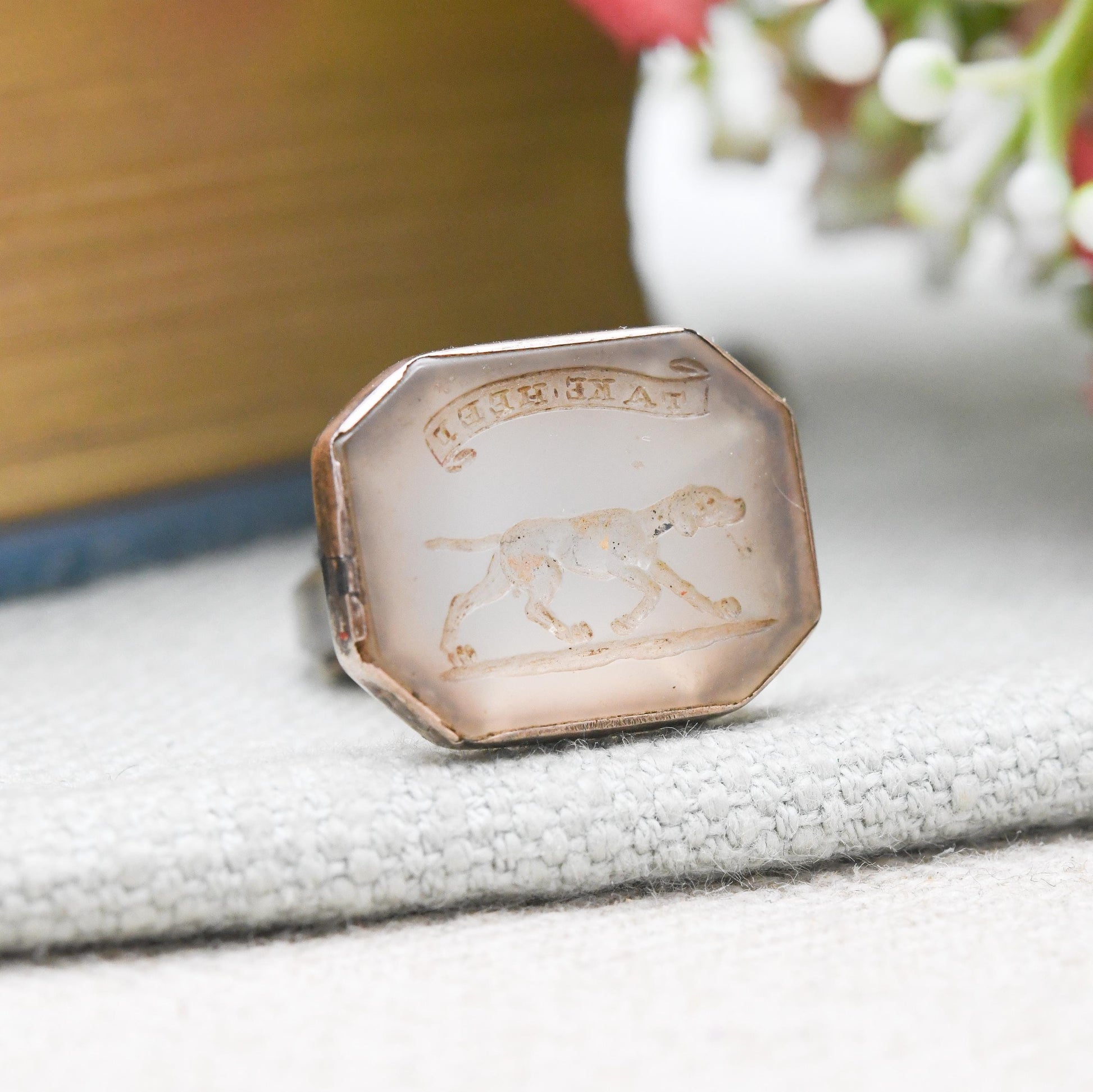 Antique Gold Chalcedony Seal Fob Pendant TAKE HEED Hunting Dog Carved Gemstone