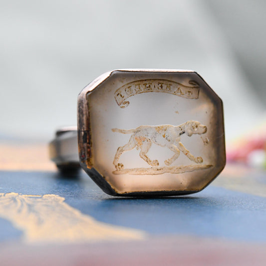 Antique Gold Chalcedony Seal Fob Pendant TAKE HEED Hunting Dog Carved Gemstone