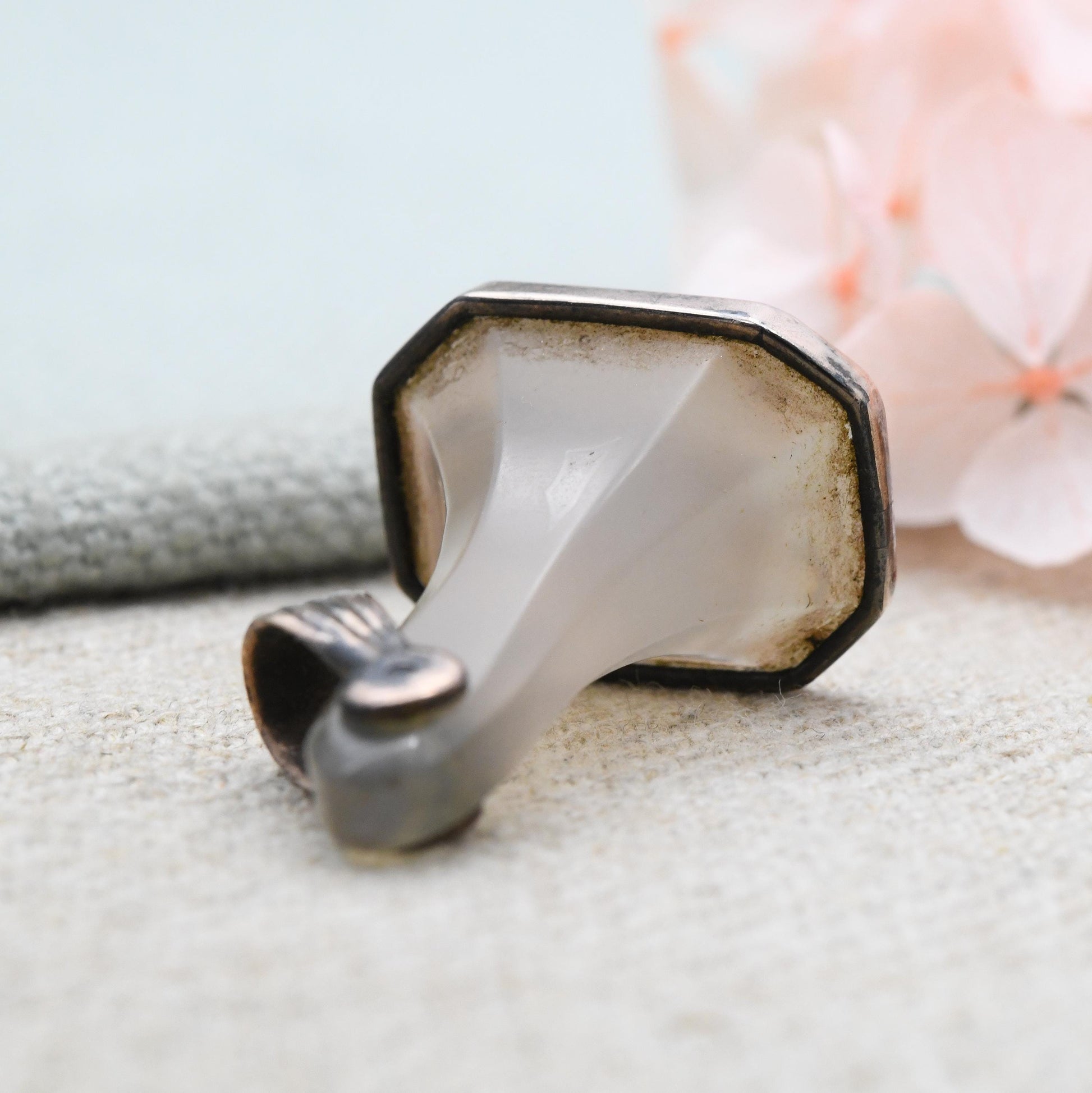 Antique Gold Chalcedony Seal Fob Pendant TAKE HEED Hunting Dog Carved Gemstone
