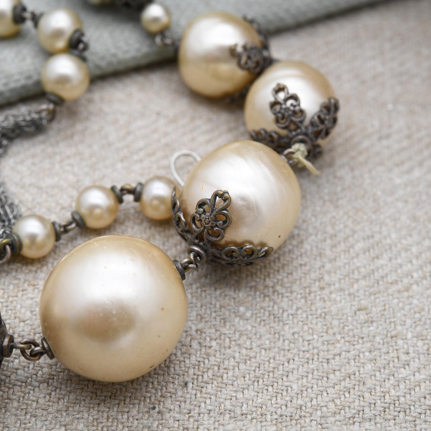 Art Deco Faux Pearl Necklace with Filigree Cap Beads and Chainmail Mesh c. 1930s Unsigned Louis Rousselet for Restoration - Length 22" 56cm