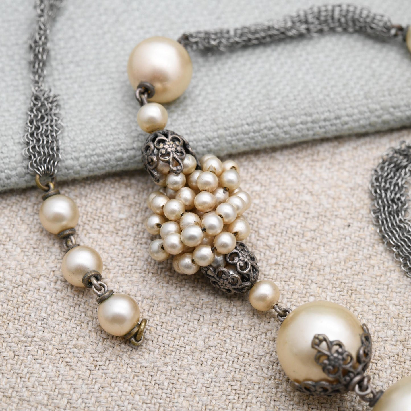 Art Deco Faux Pearl Necklace with Filigree Cap Beads and Chainmail Mesh c. 1930s Unsigned Louis Rousselet for Restoration - Length 22" 56cm