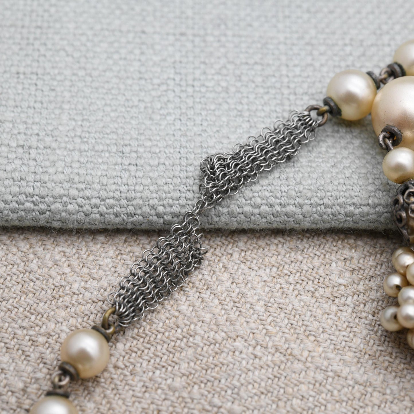 Art Deco Faux Pearl Necklace with Filigree Cap Beads and Chainmail Mesh c. 1930s Unsigned Louis Rousselet for Restoration - Length 22" 56cm