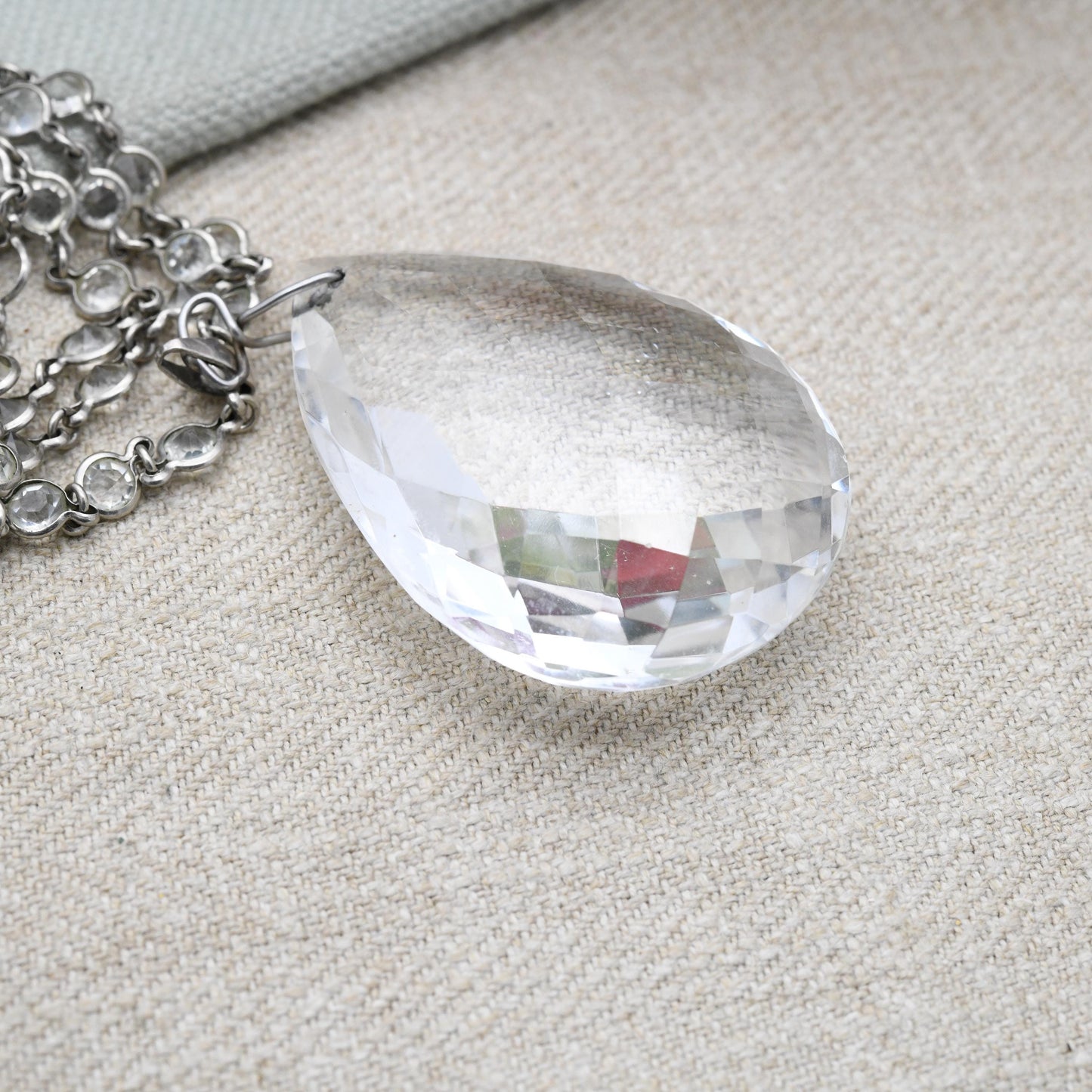 Antique Art Deco Crystal Pendant Necklace with Bezel Set Glass Chain - Long Length 57"