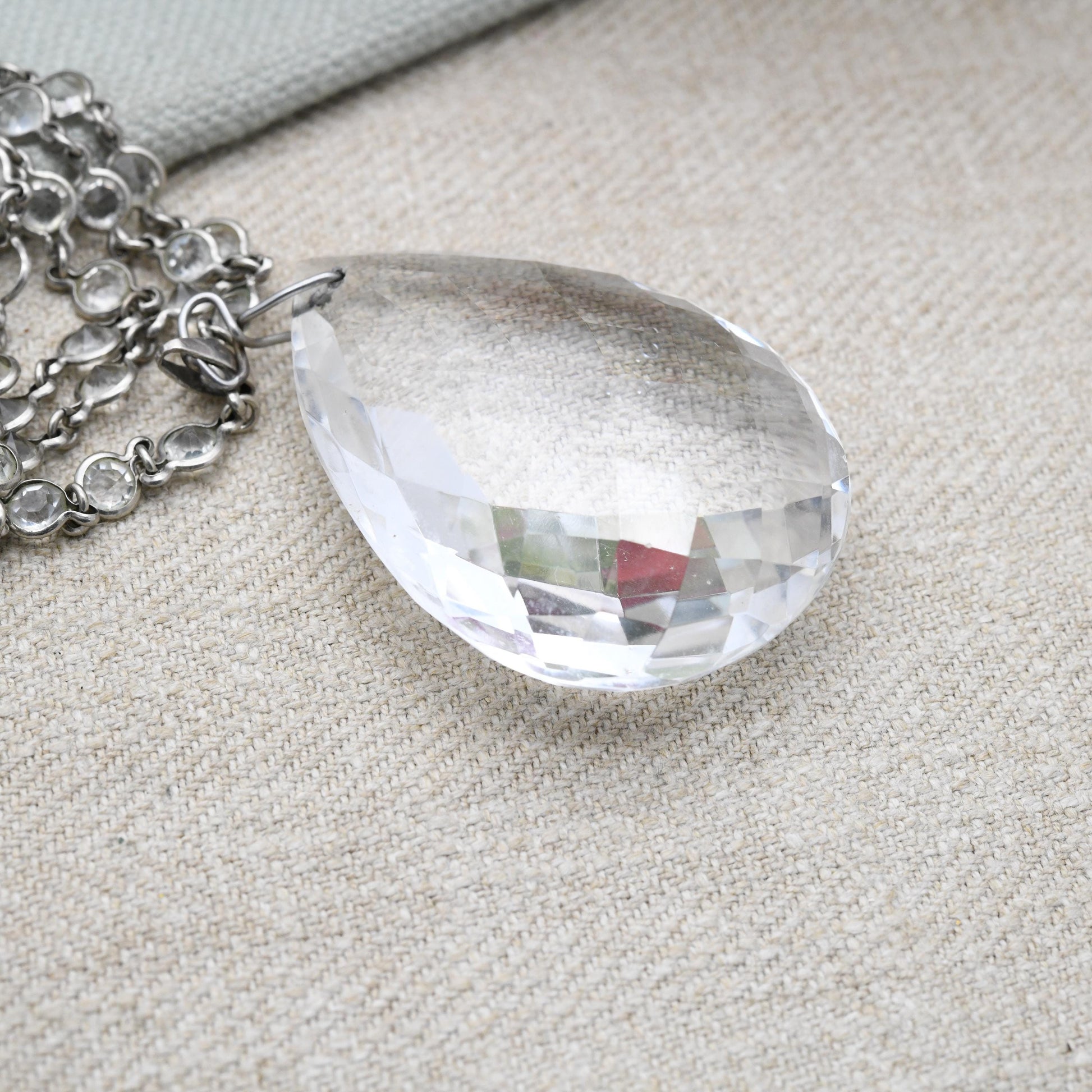 Antique Art Deco Crystal Pendant Necklace with Bezel Set Glass Chain - Long Length 57"