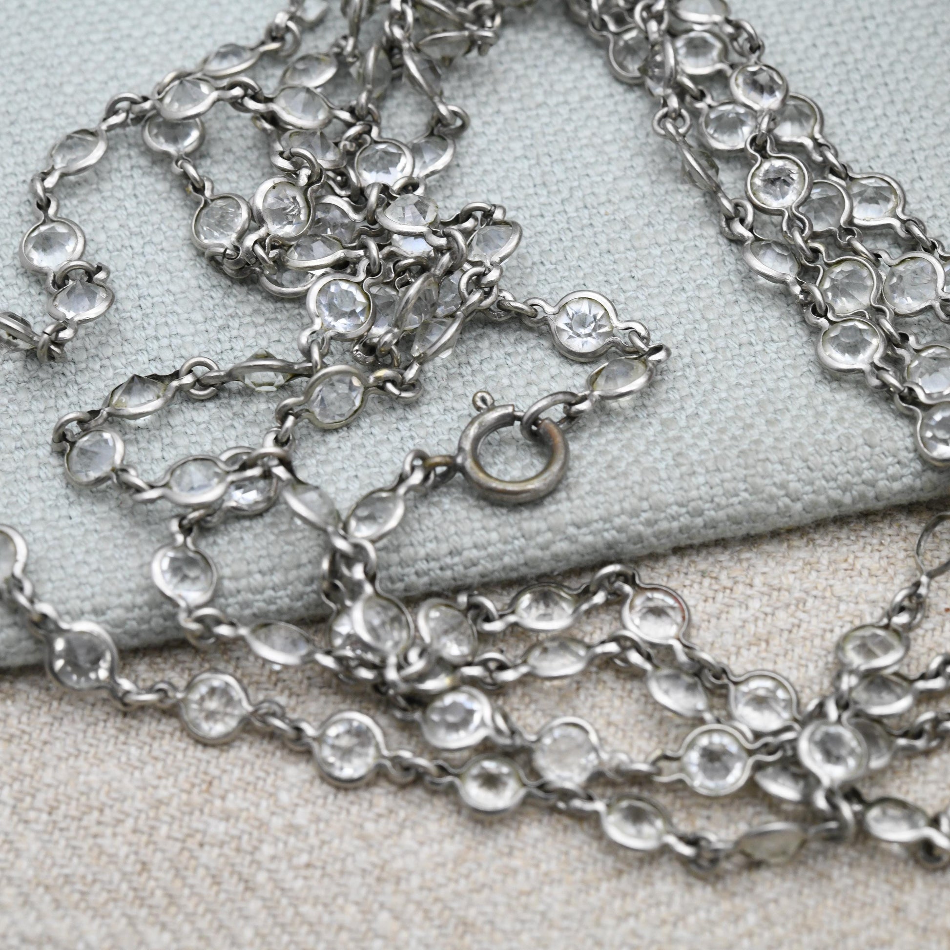 Antique Art Deco Crystal Pendant Necklace with Bezel Set Glass Chain - Long Length 57"