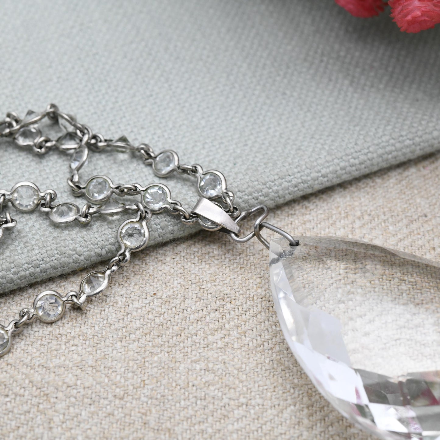 Antique Art Deco Crystal Pendant Necklace with Bezel Set Glass Chain - Long Length 57"