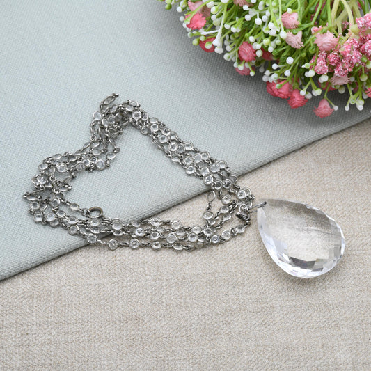 Antique Art Deco Crystal Pendant Necklace with Bezel Set Glass Chain - Long Length 57"