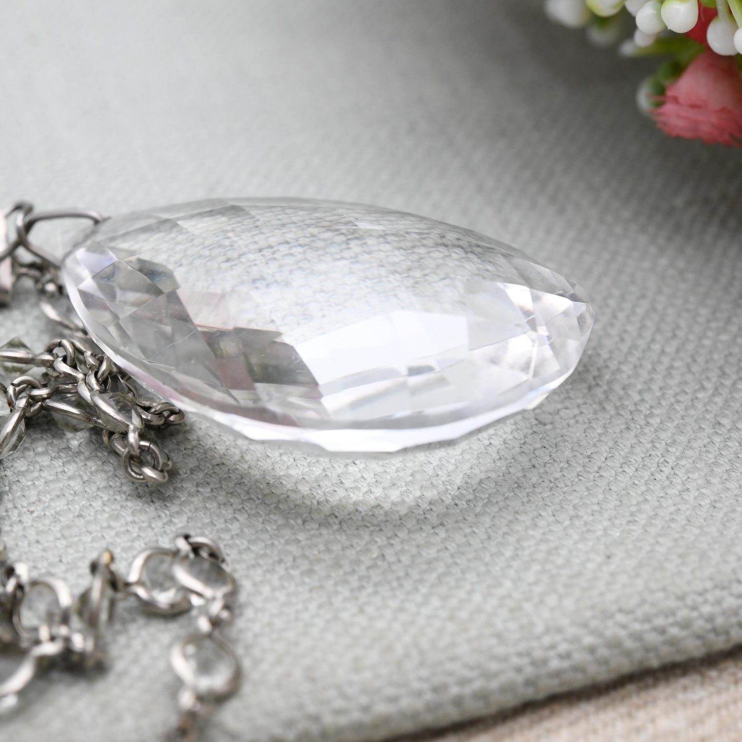 Antique Art Deco Crystal Pendant Necklace with Bezel Set Glass Chain - Long Length 57"