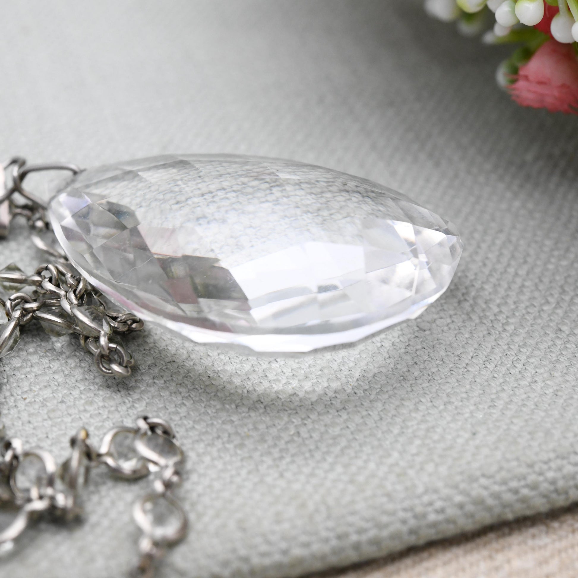 Antique Art Deco Crystal Pendant Necklace with Bezel Set Glass Chain - Long Length 57"
