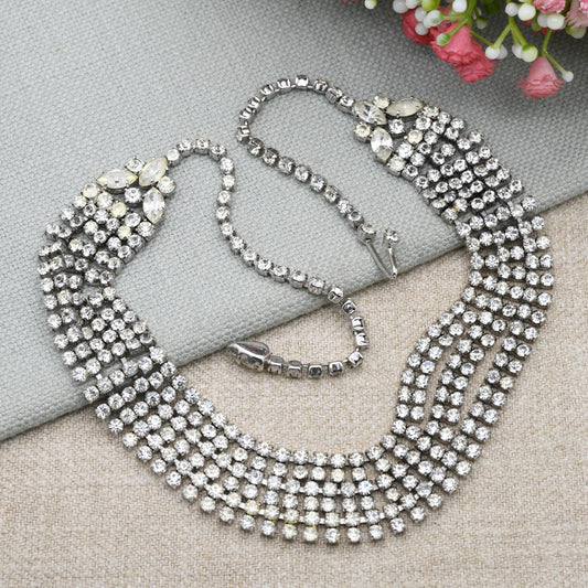 Vintage Rhinestone Necklace Wide Multi Strand Bib Style c. 1950s