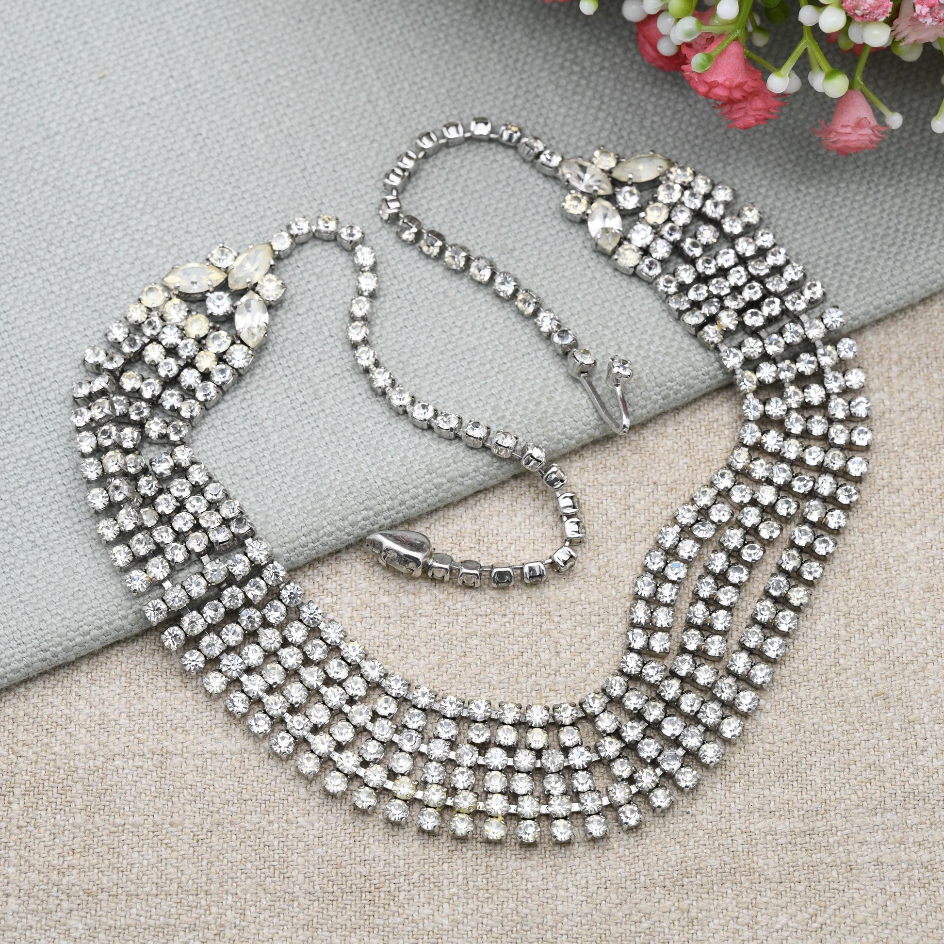 Vintage Rhinestone Necklace Wide Multi Strand Bib Style c. 1950s