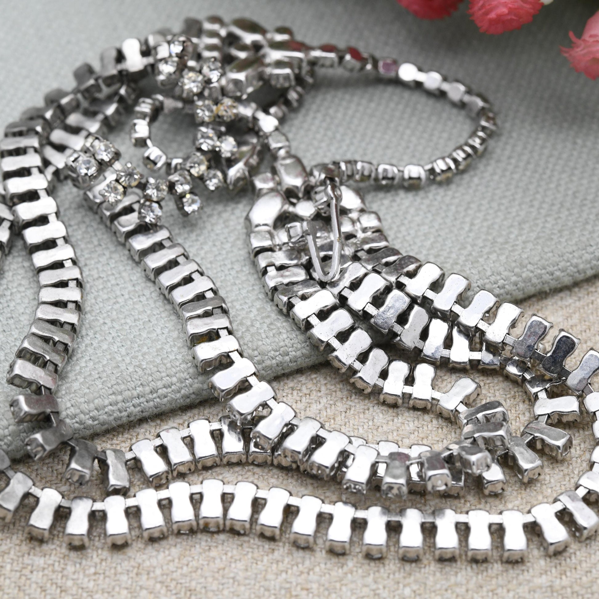 Vintage Rhinestone Necklace Wide Multi Strand Bib Style c. 1950s