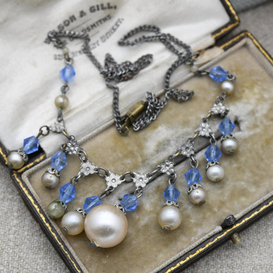 Antique Art Deco Czech Glass and Faux Pearl Fringe Necklace c. 1920s 1930s - Made in Czechoslovakia