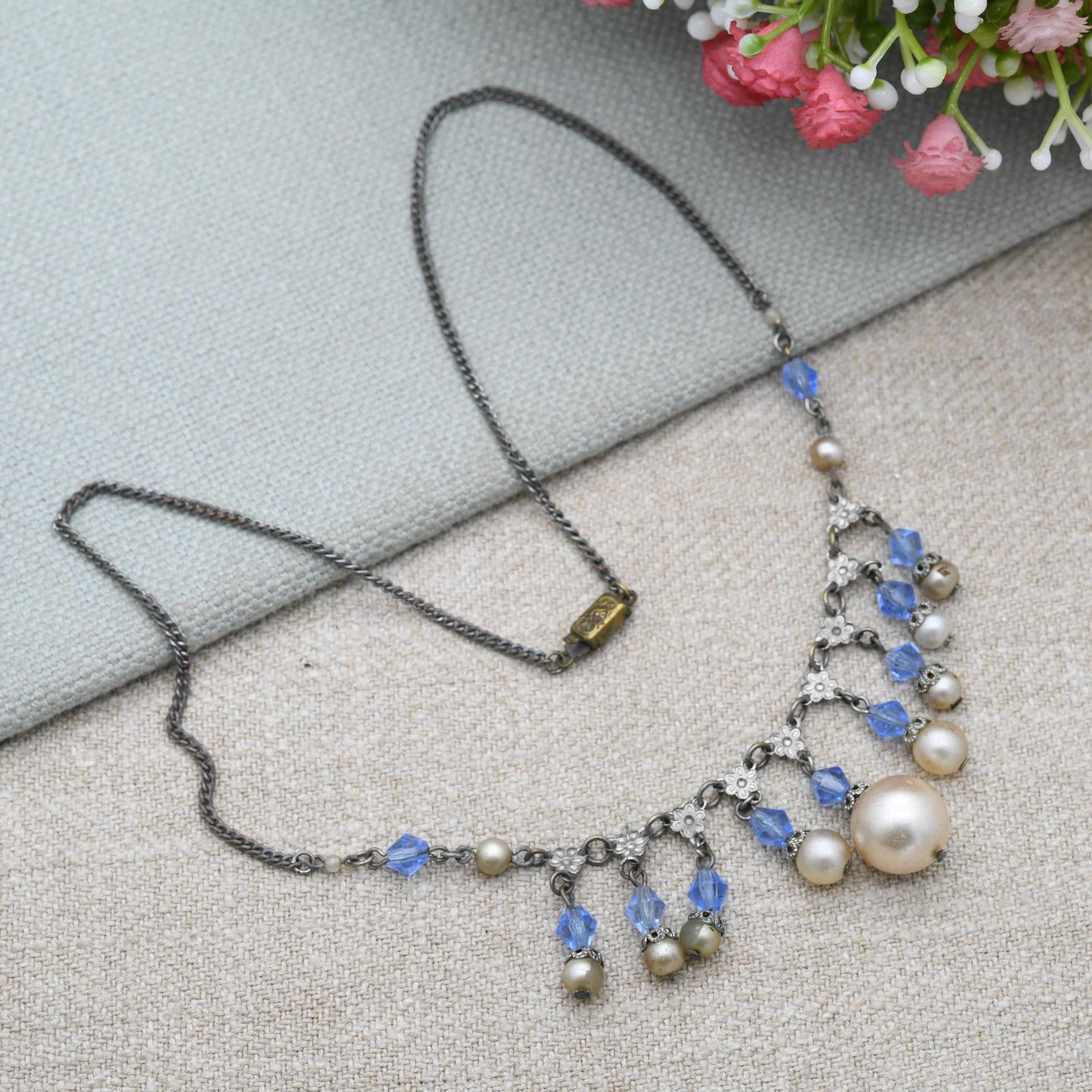 Antique Art Deco Czech Glass and Faux Pearl Fringe Necklace c. 1920s 1930s - Made in Czechoslovakia