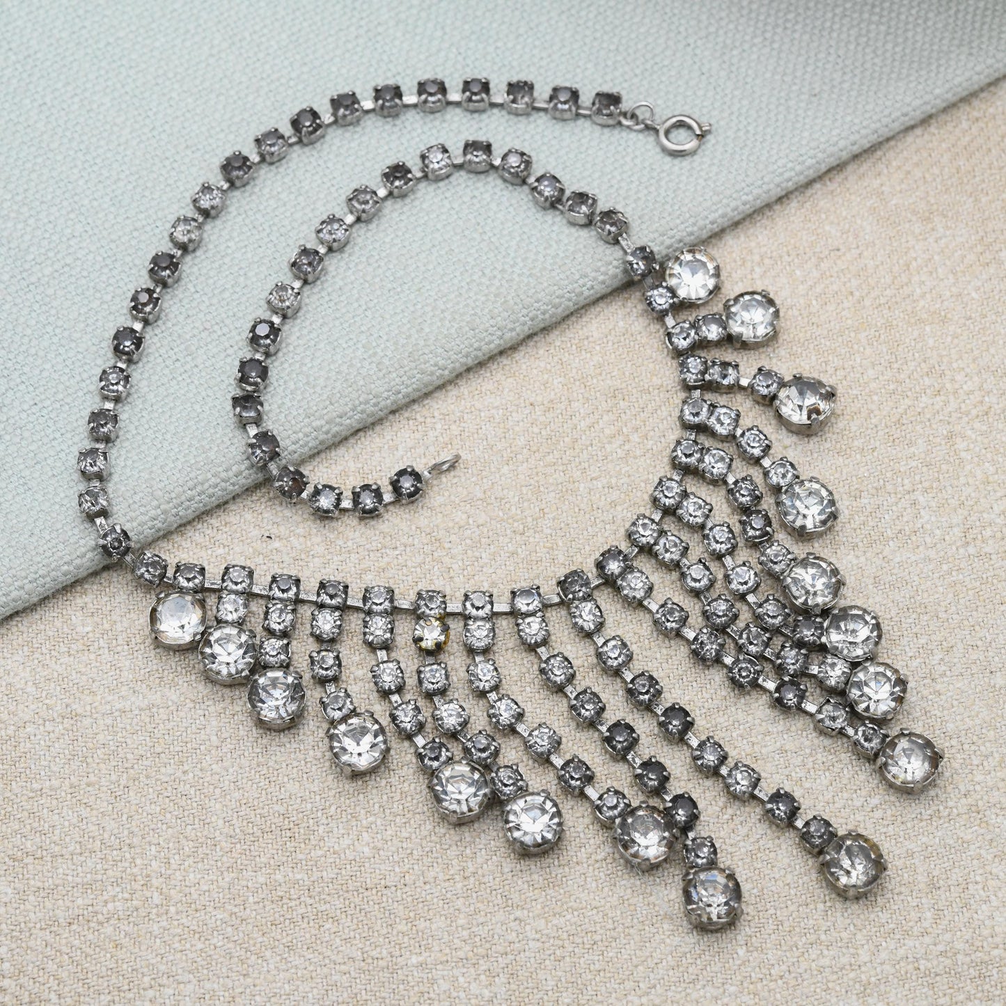 Vintage Rhinestone Fringe Necklace c. 1950s - Graduated Drop Clear Crystal Choker Length 16"