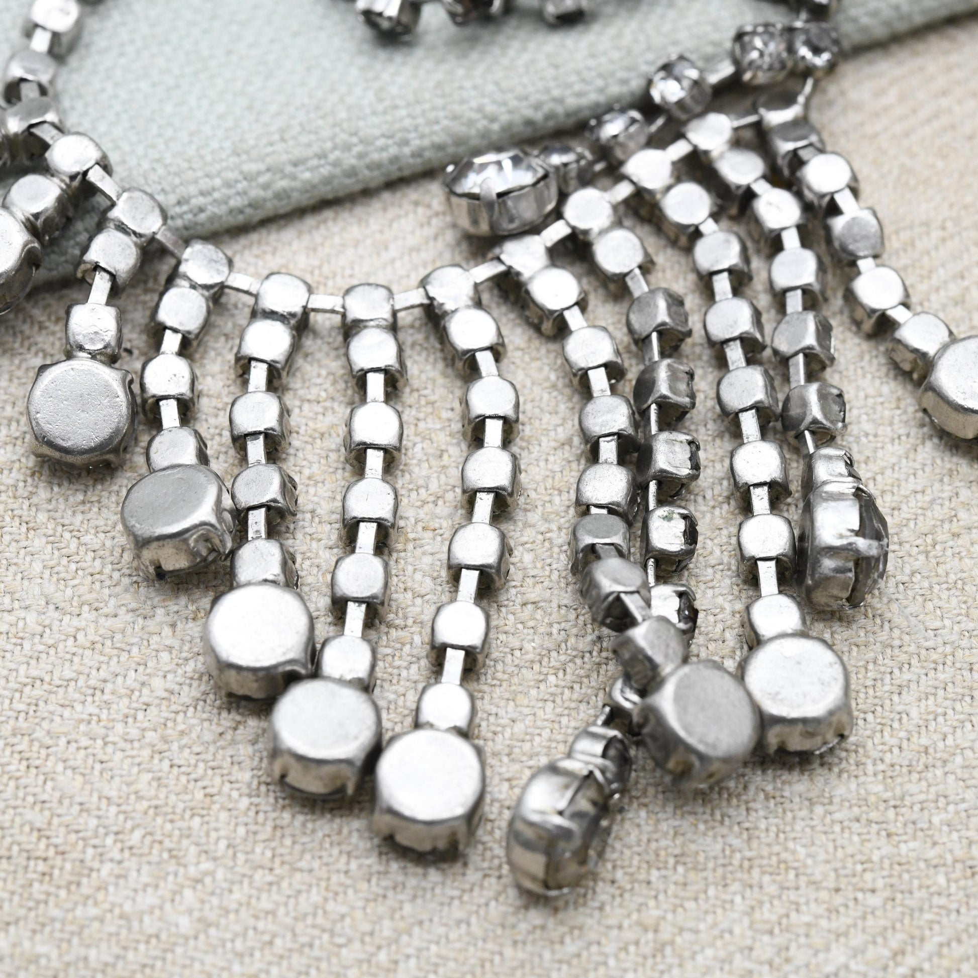 Vintage Rhinestone Fringe Necklace c. 1950s - Graduated Drop Clear Crystal Choker Length 16"