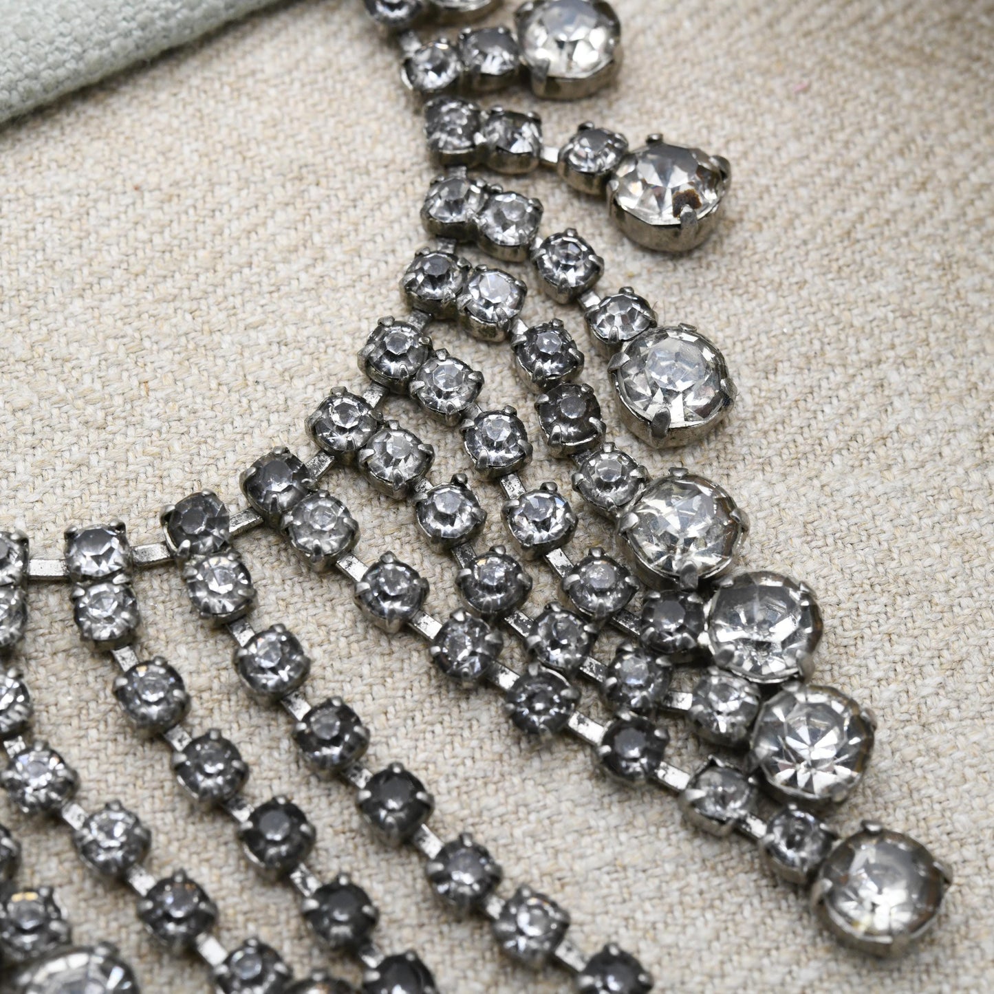 Vintage Rhinestone Fringe Necklace c. 1950s - Graduated Drop Clear Crystal Choker Length 16"