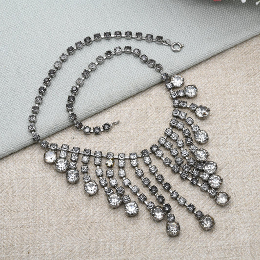 Vintage Rhinestone Fringe Necklace c. 1950s - Graduated Drop Clear Crystal Choker Length 16"
