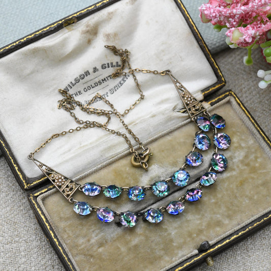 Antique Iris Glass Necklace Double Strand c. 1920s 1930s - Milgrain Panels | Czech Rainbow Crystals