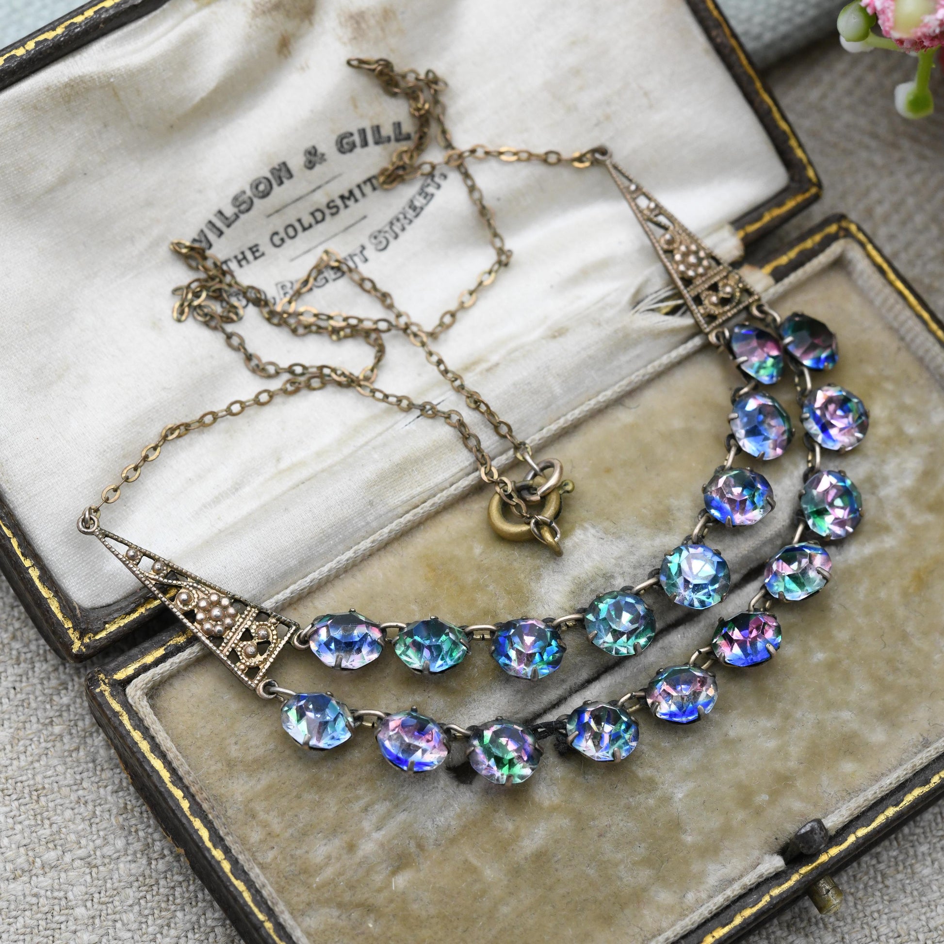 Antique Iris Glass Necklace Double Strand c. 1920s 1930s - Milgrain Panels | Czech Rainbow Crystals