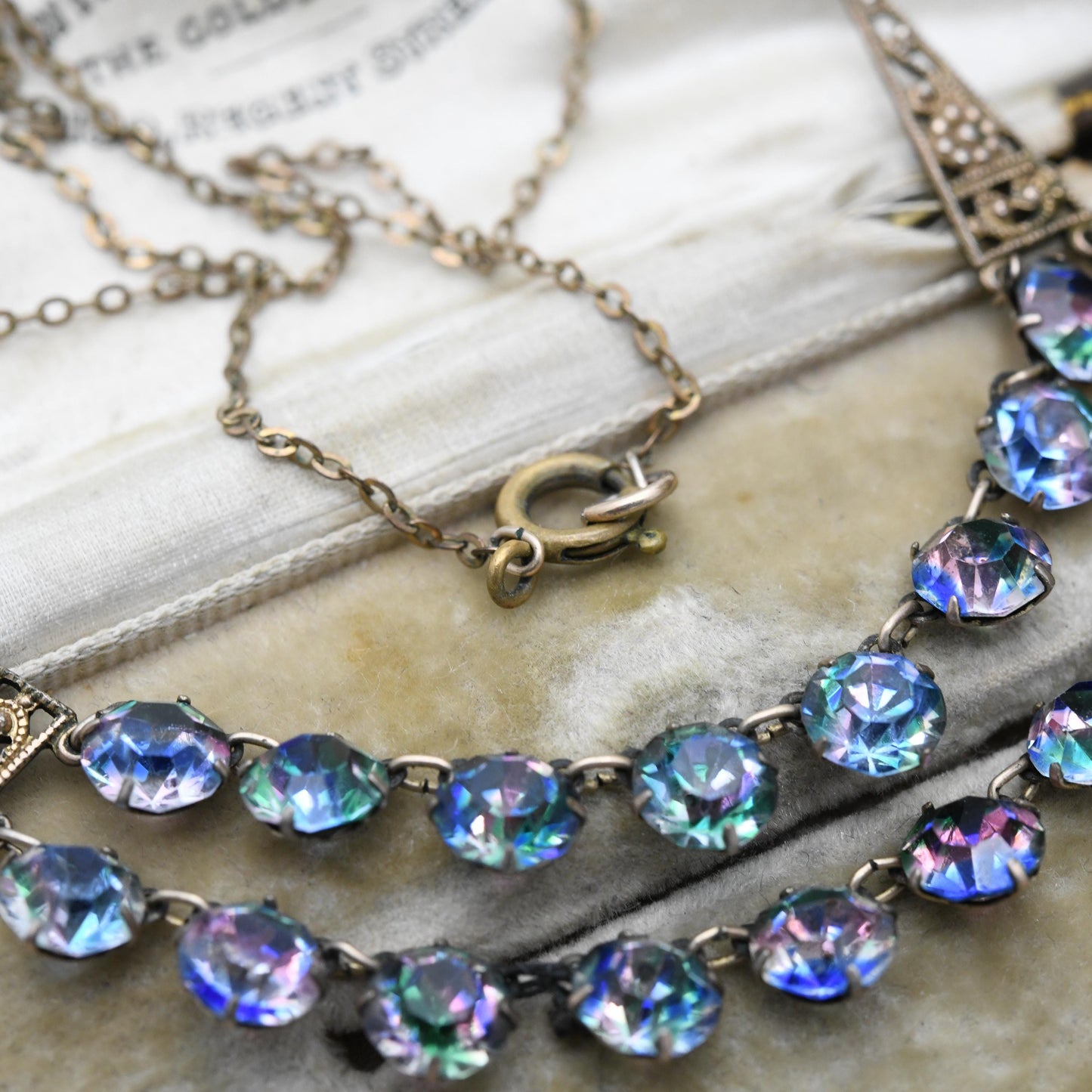 Antique Iris Glass Necklace Double Strand c. 1920s 1930s - Milgrain Panels | Czech Rainbow Crystals