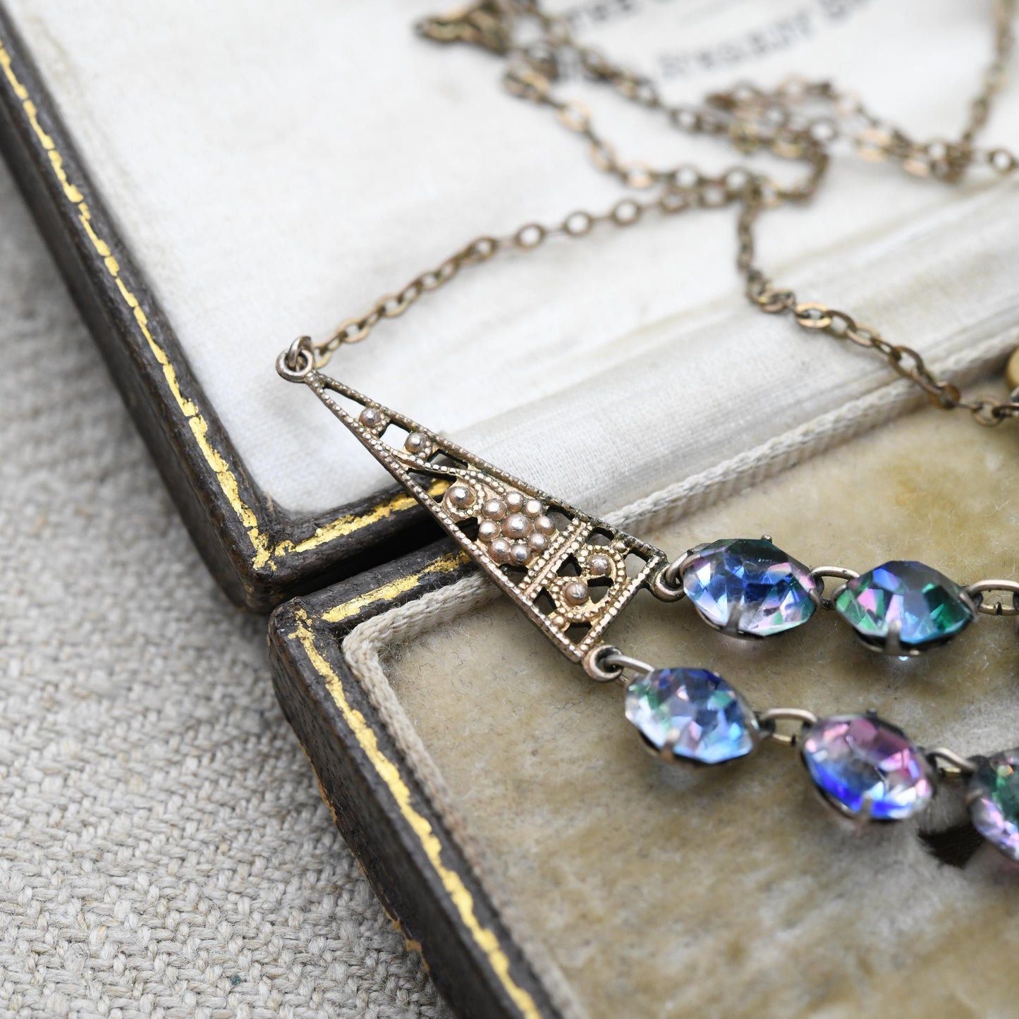 Antique Iris Glass Necklace Double Strand c. 1920s 1930s - Milgrain Panels | Czech Rainbow Crystals