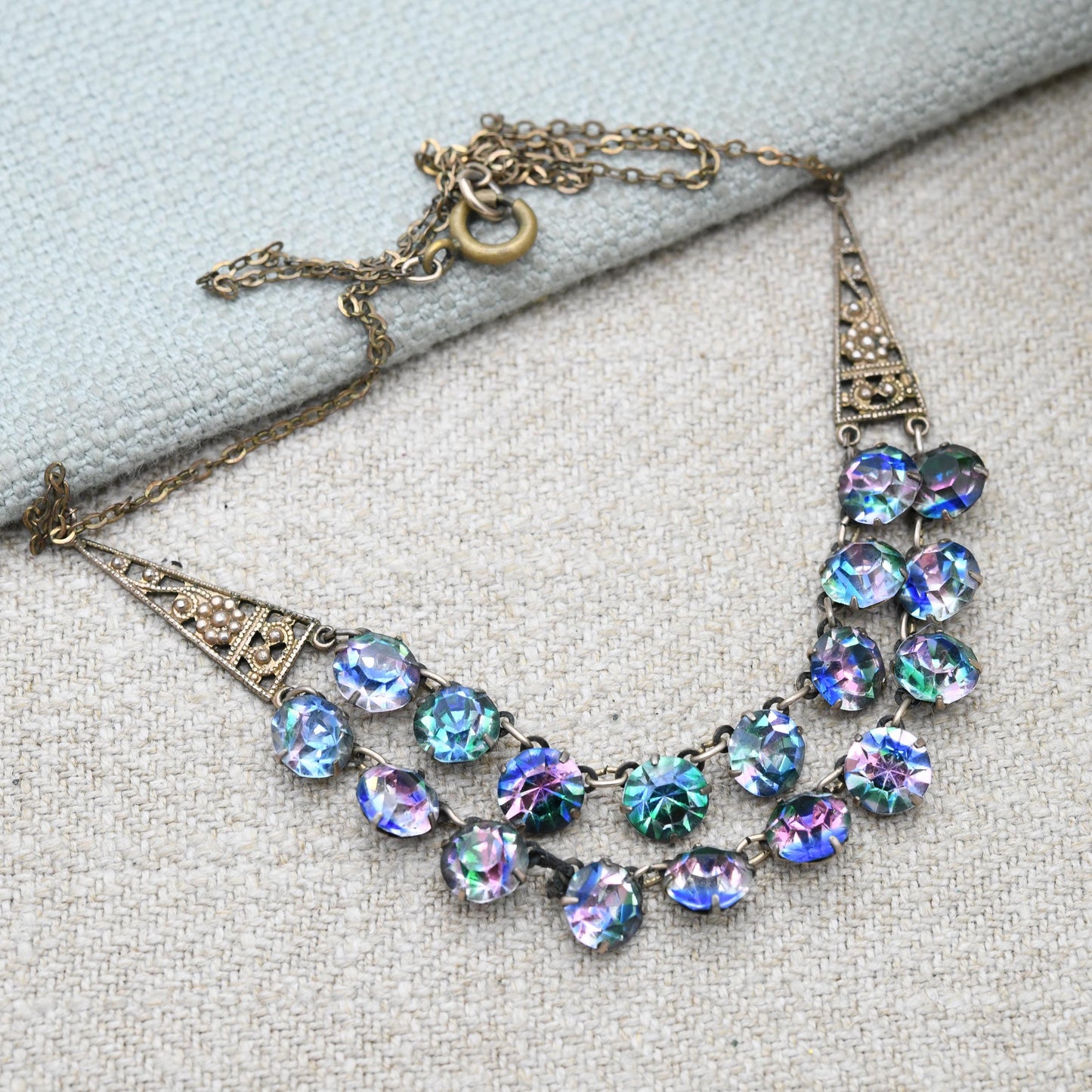 Antique Iris Glass Necklace Double Strand c. 1920s 1930s - Milgrain Panels | Czech Rainbow Crystals