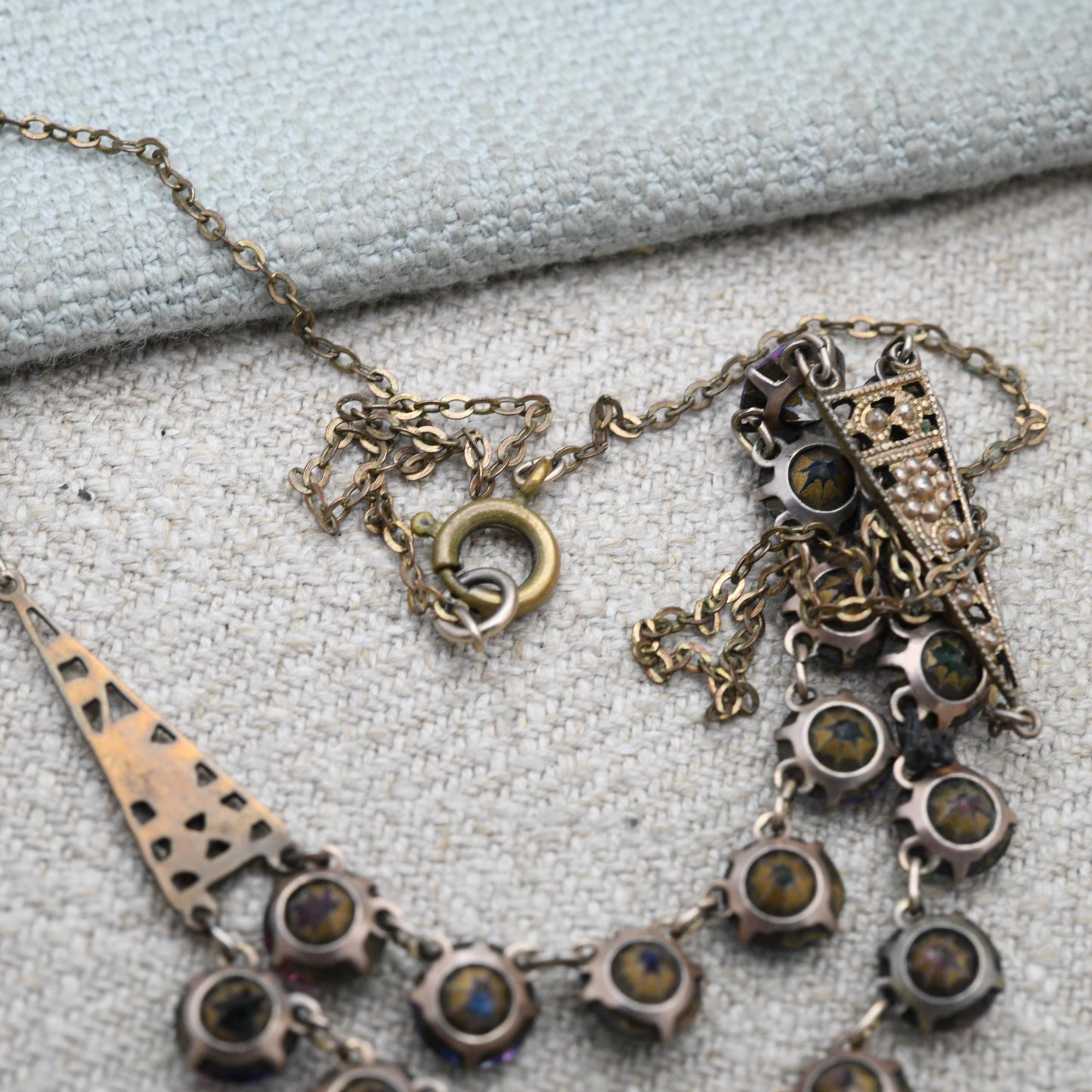 Antique Iris Glass Necklace Double Strand c. 1920s 1930s - Milgrain Panels | Czech Rainbow Crystals