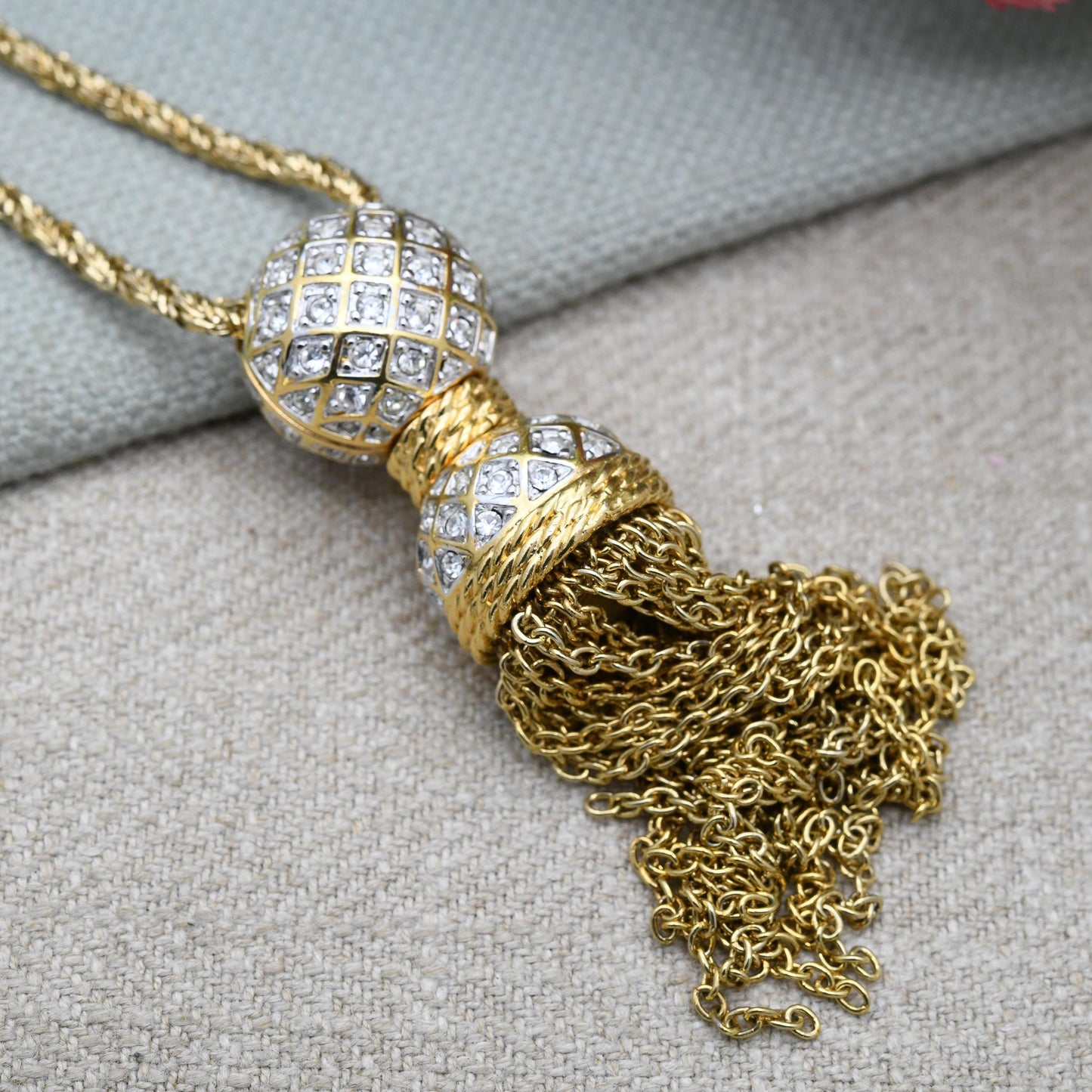 Vintage Swarovski Crystal Ball and Tassel Pendant Necklace - Statement Designer Gold Tone Jewellery