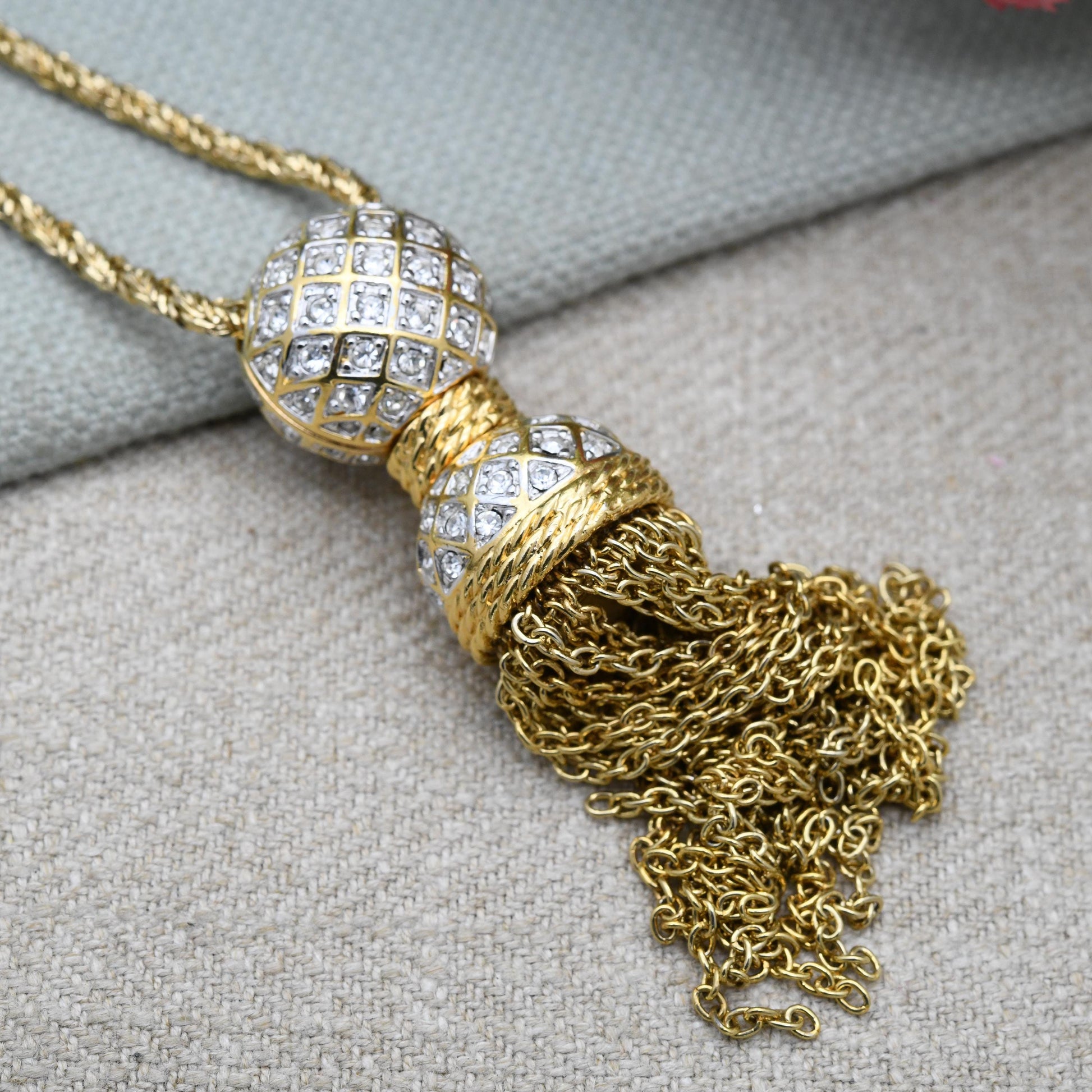 Vintage Swarovski Crystal Ball and Tassel Pendant Necklace - Statement Designer Gold Tone Jewellery