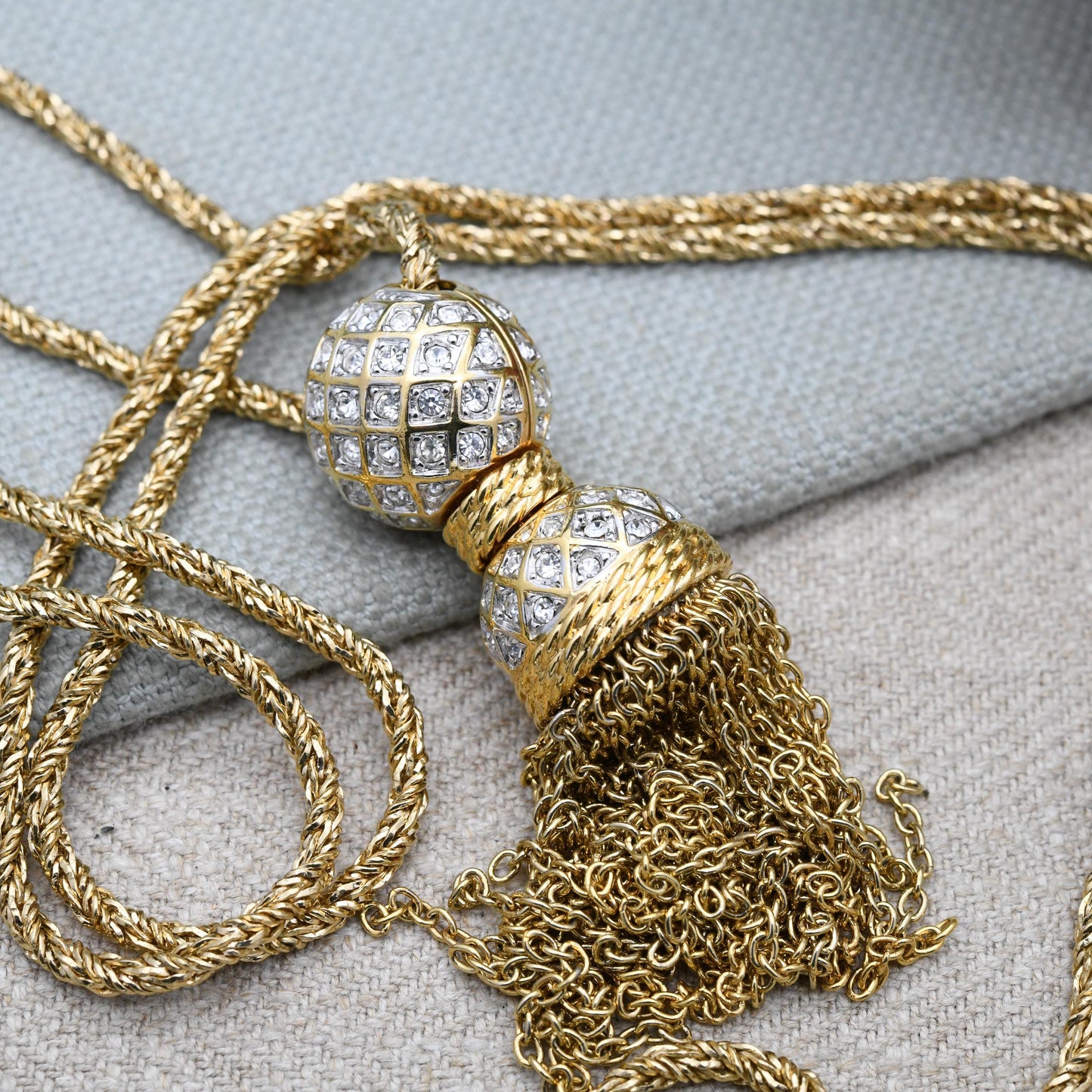 Vintage Swarovski Crystal Ball and Tassel Pendant Necklace - Statement Designer Gold Tone Jewellery