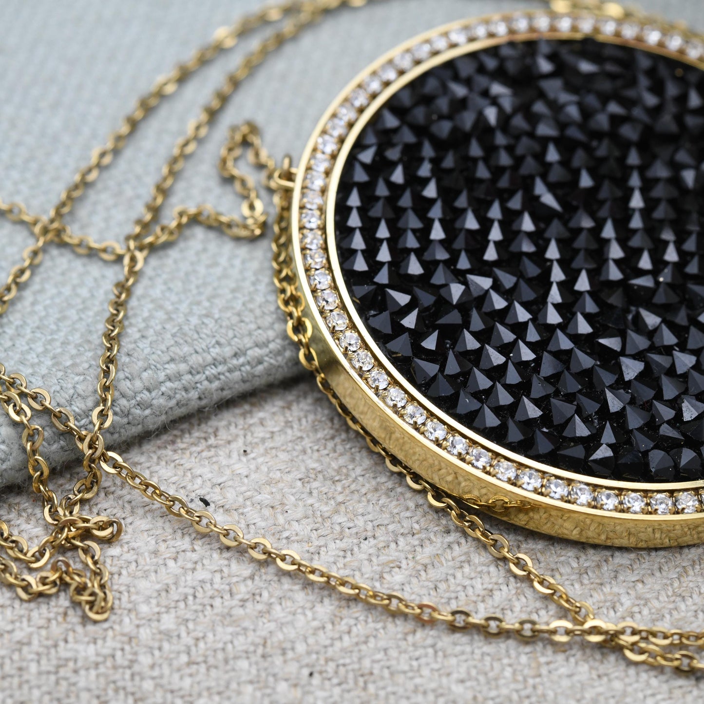 Vintage Swarovski Double Sided Crystal Necklace Large Size Disc 2" - Designer Gold Tone Jewellery