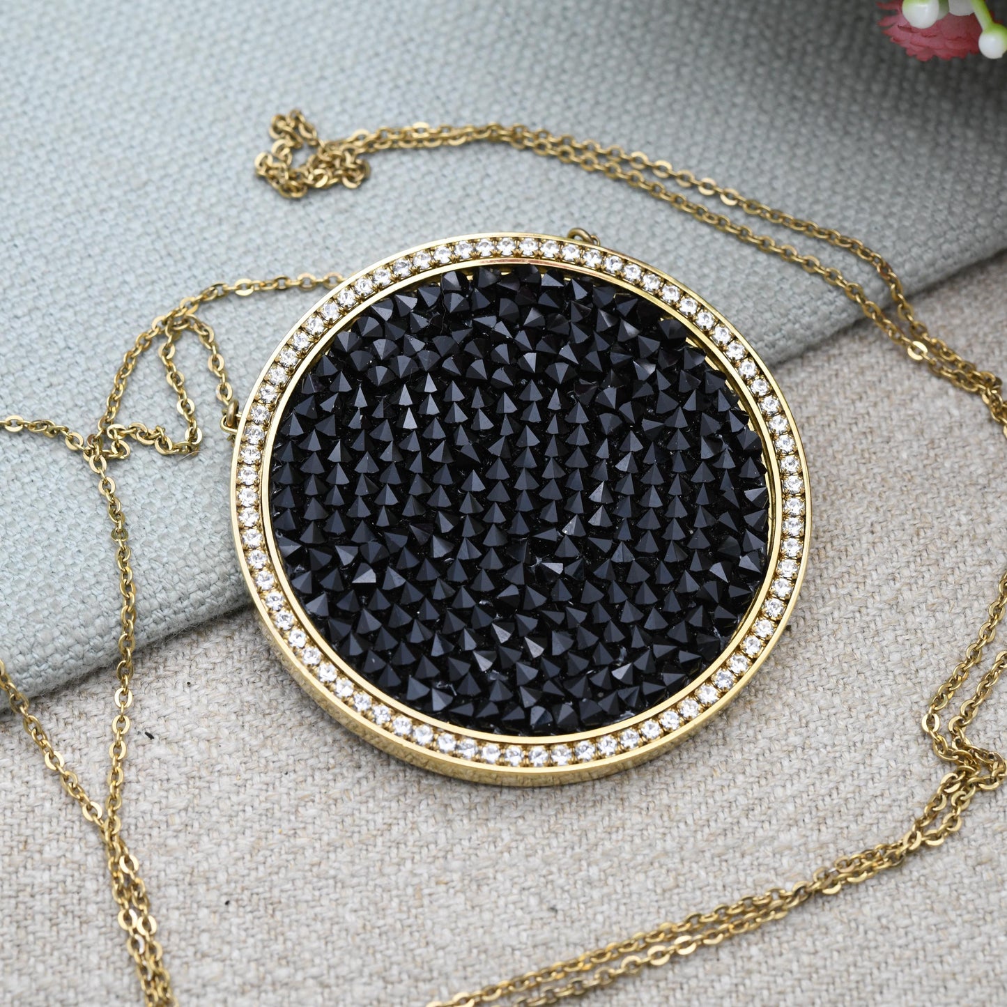 Vintage Swarovski Double Sided Crystal Necklace Large Size Disc 2" - Designer Gold Tone Jewellery