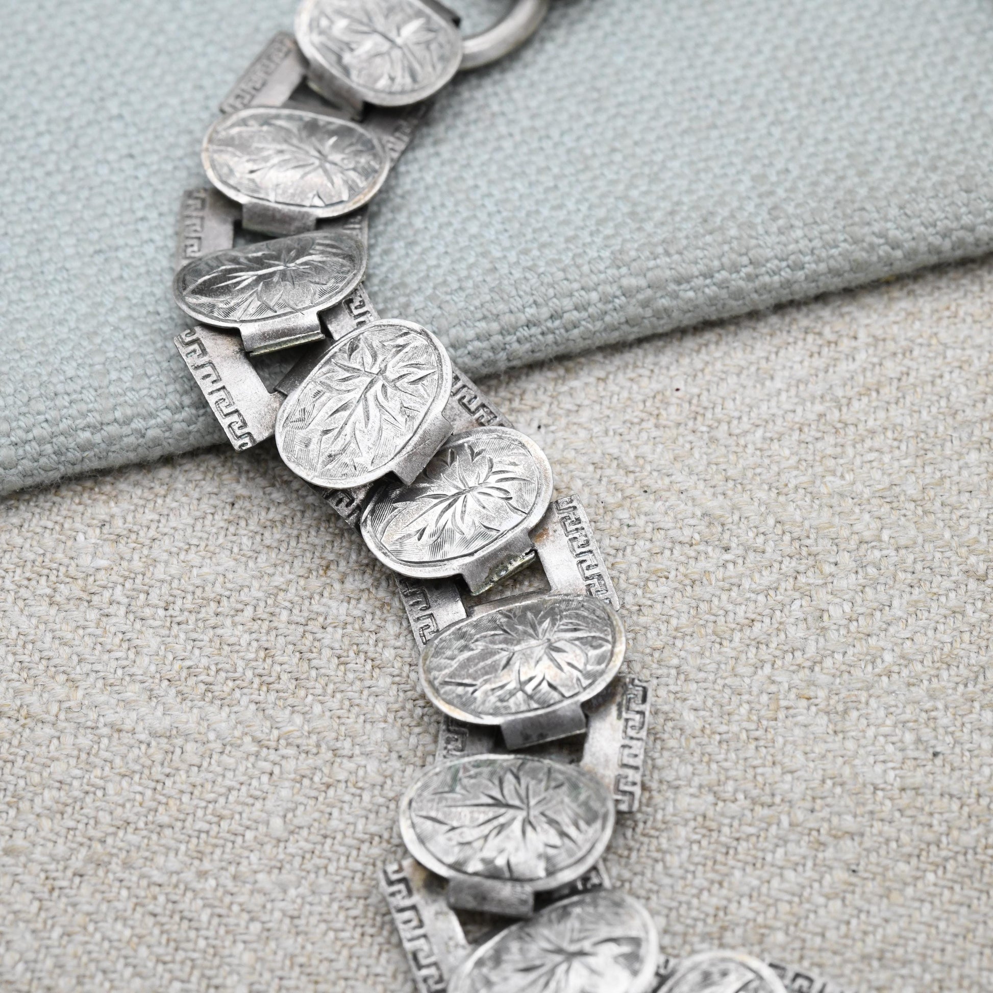 Antique Silver Victorian Book Chain Necklace with Bolt Ring Clasp 16" - Engraved Ivy Leaf and Greek Key Pattern
