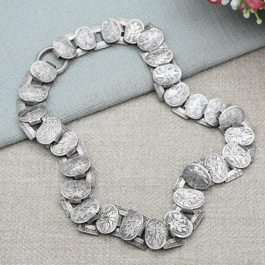 Antique Silver Victorian Book Chain Necklace with Bolt Ring Clasp 16" - Engraved Ivy Leaf and Greek Key Pattern