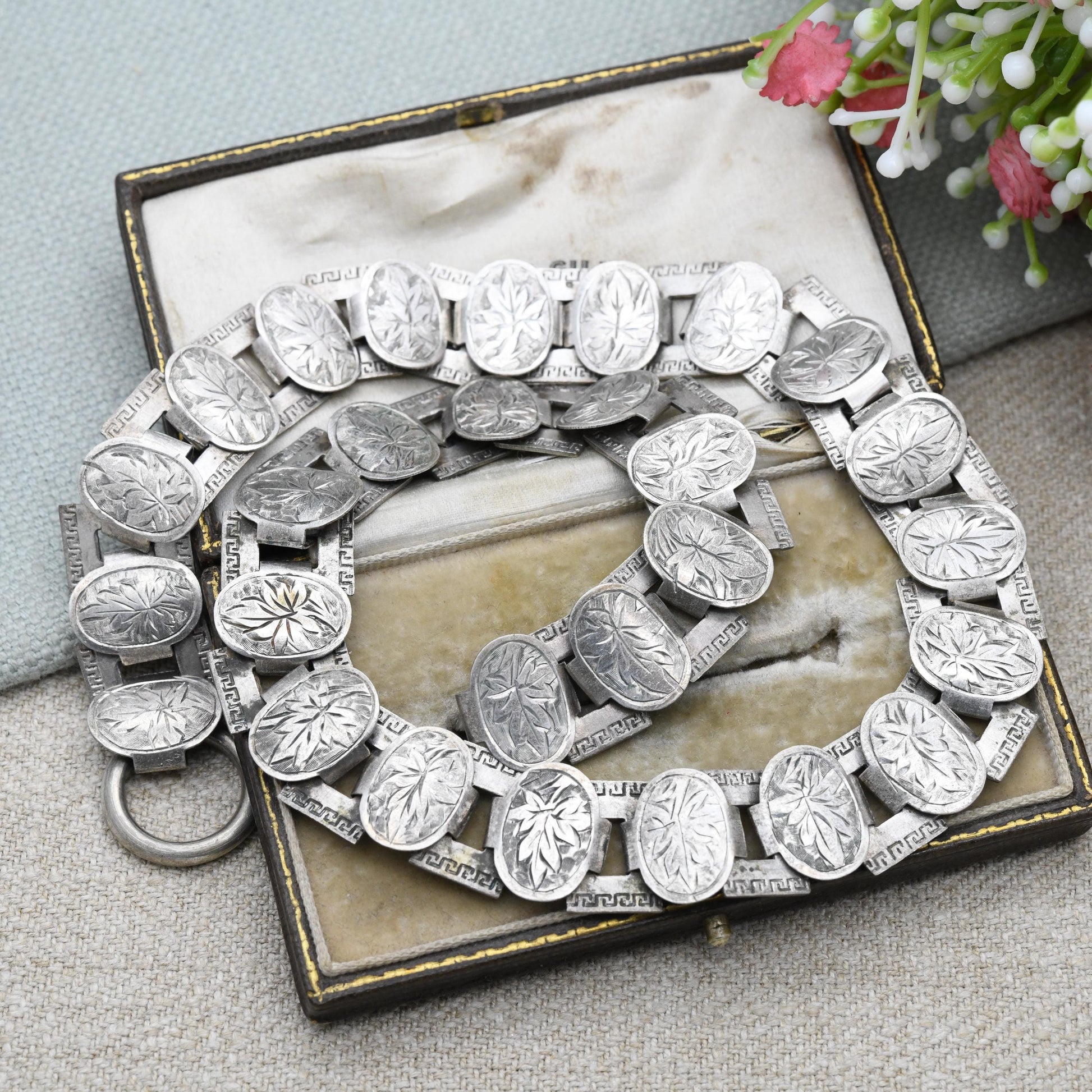 Antique Silver Victorian Book Chain Necklace with Bolt Ring Clasp 16" - Engraved Ivy Leaf and Greek Key Pattern