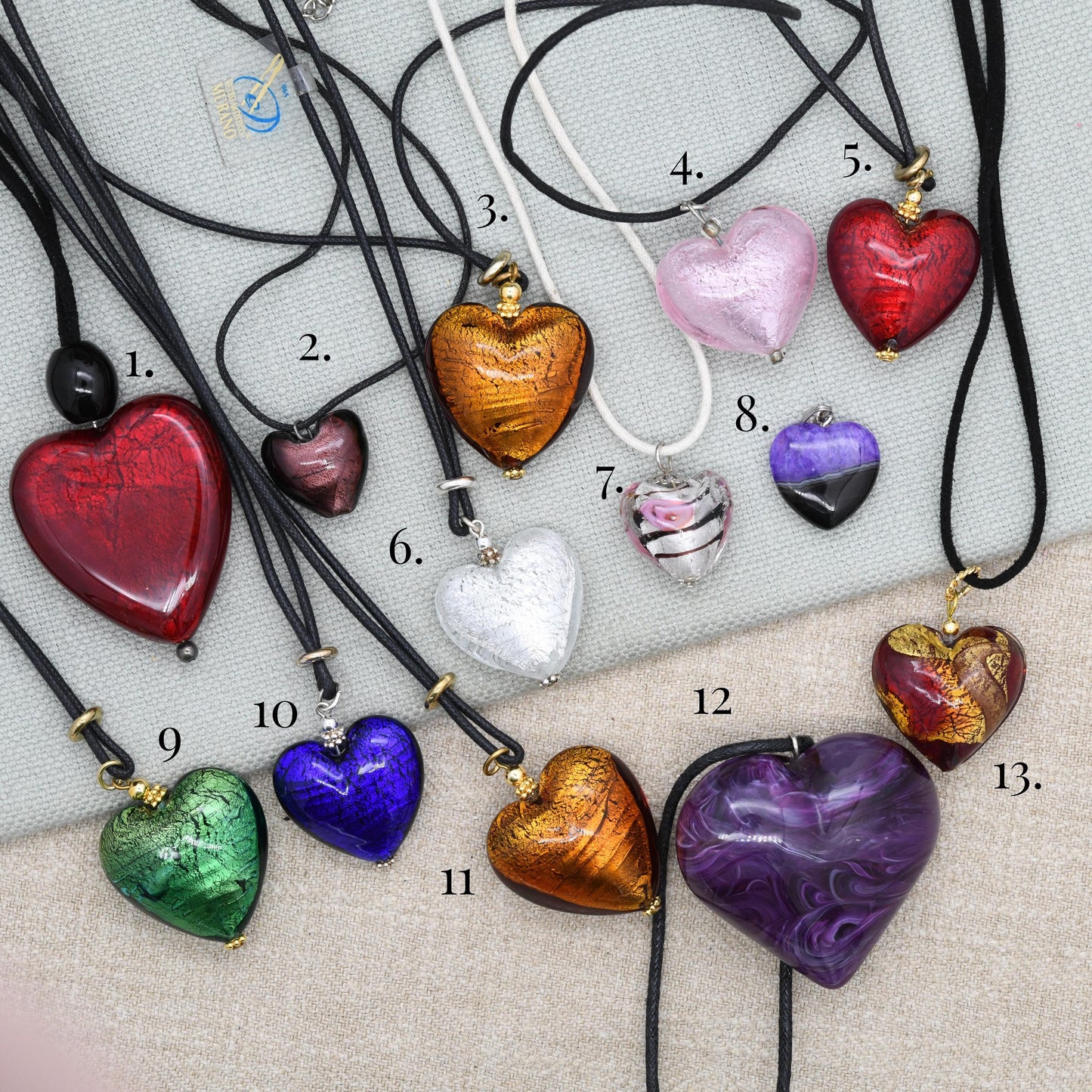 Vetro Artistico Murano Glass Heart Pendant Necklace on Cord - Deadstock Different Size and Colour Options