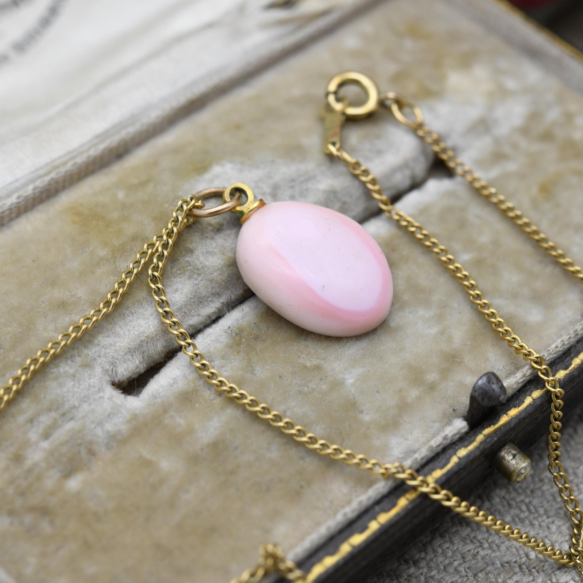Vintage Gold Filled Pink Opal Pendant Necklace on Trace Chain by ECCO - Cabochon Pink Gemstone