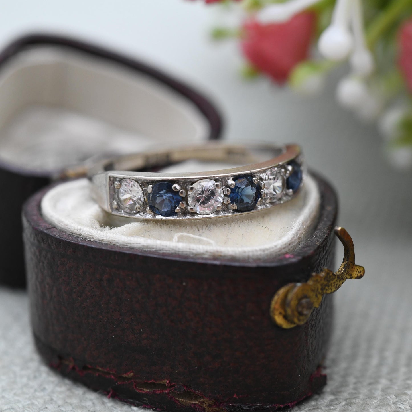 Vintage 18ct Gold Sapphire and Clear Stone Half Eternity Ring 1973 - Alternating Five Stone Engagement Ring | UK Size M 1/2 | US Size 6 1/2