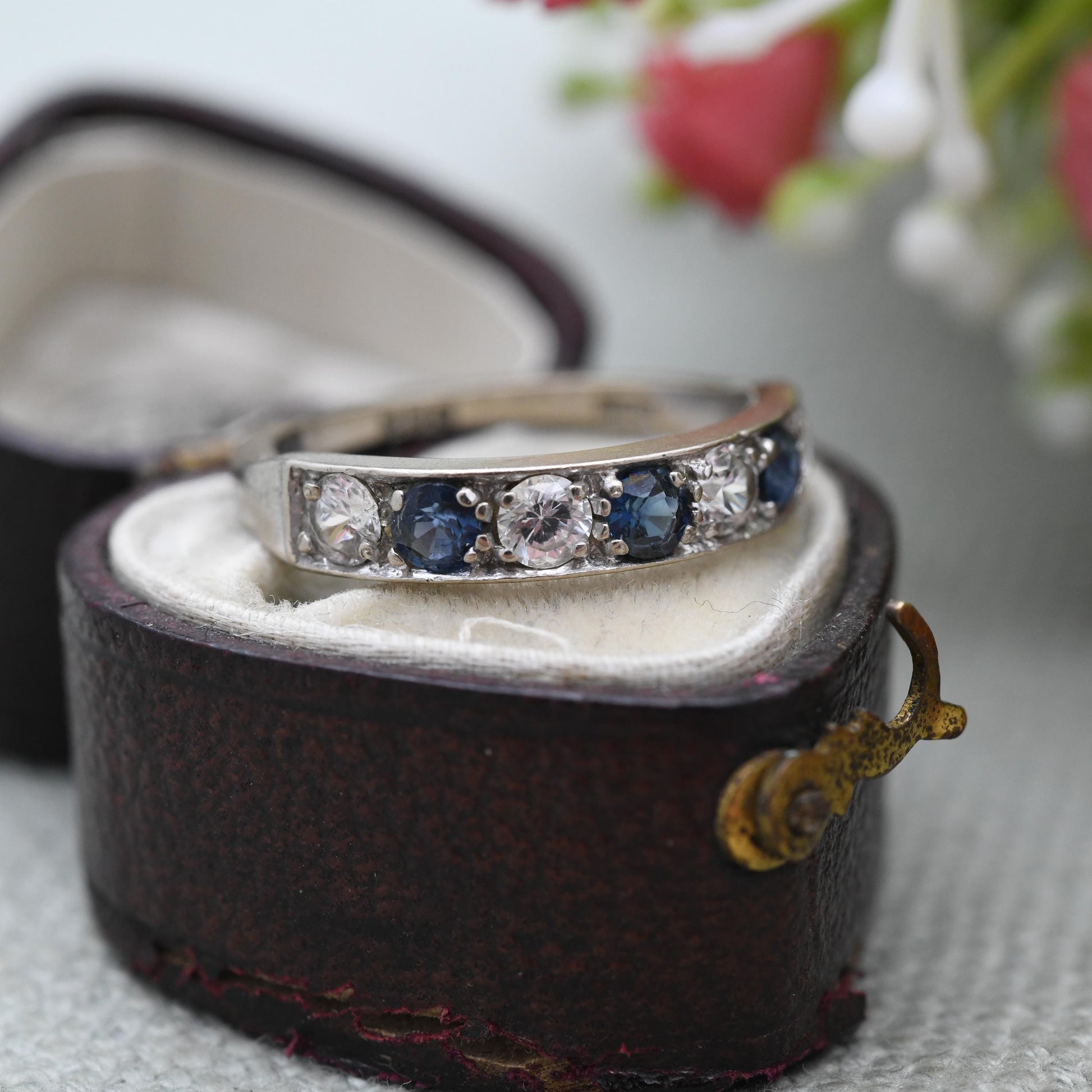 Vintage 18ct Gold Sapphire and Clear Stone Half Eternity Ring 1973 - Alternating Five Stone Engagement Ring | UK Size M 1/2 | US Size 6 1/2