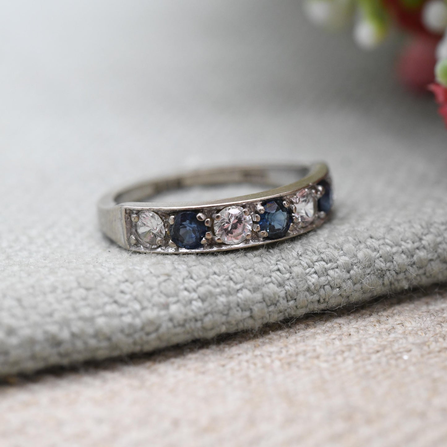 Vintage 18ct Gold Sapphire and Clear Stone Half Eternity Ring 1973 - Alternating Five Stone Engagement Ring | UK Size M 1/2 | US Size 6 1/2